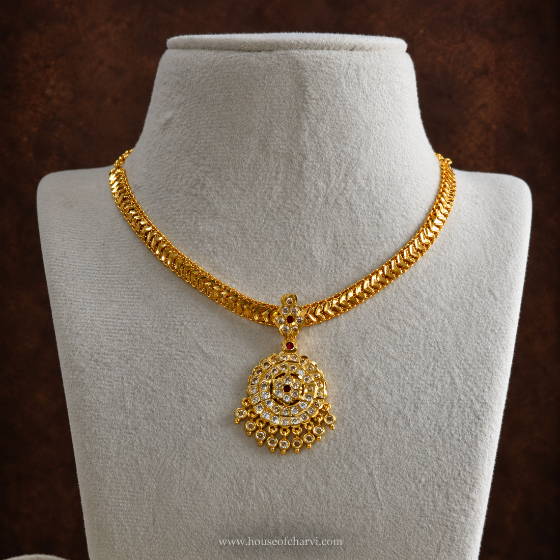 Antique Gold CZ Circular Pendant Necklace