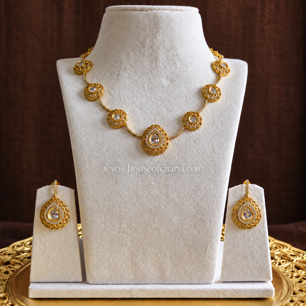Gold-Toned Antique CZ Teardrop Necklace Set