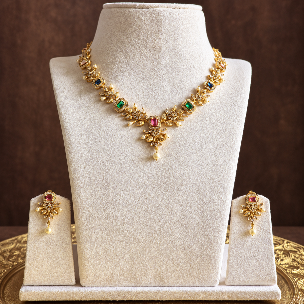 Multicolour Stone Floral CZ Necklace Set