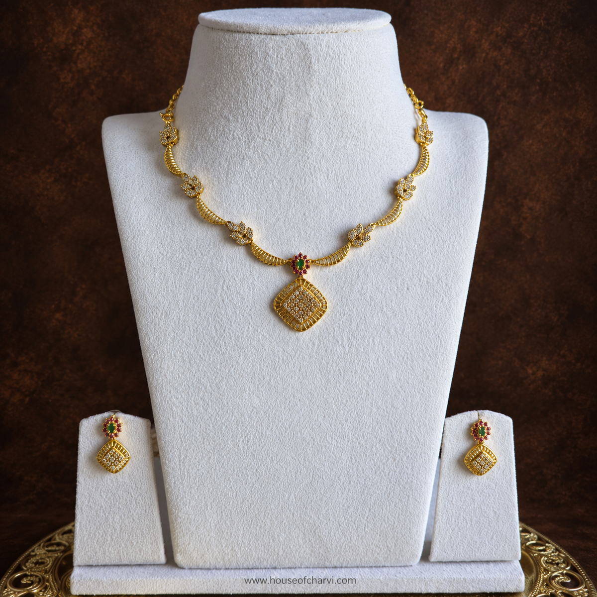 Floral Lattice Pendant Necklace Set