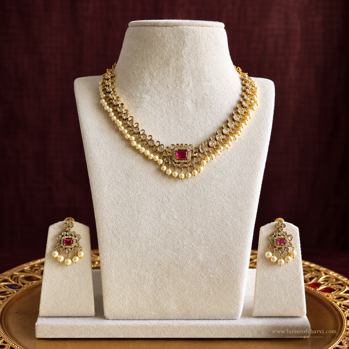 Ruby CZ Pearl Necklace Set