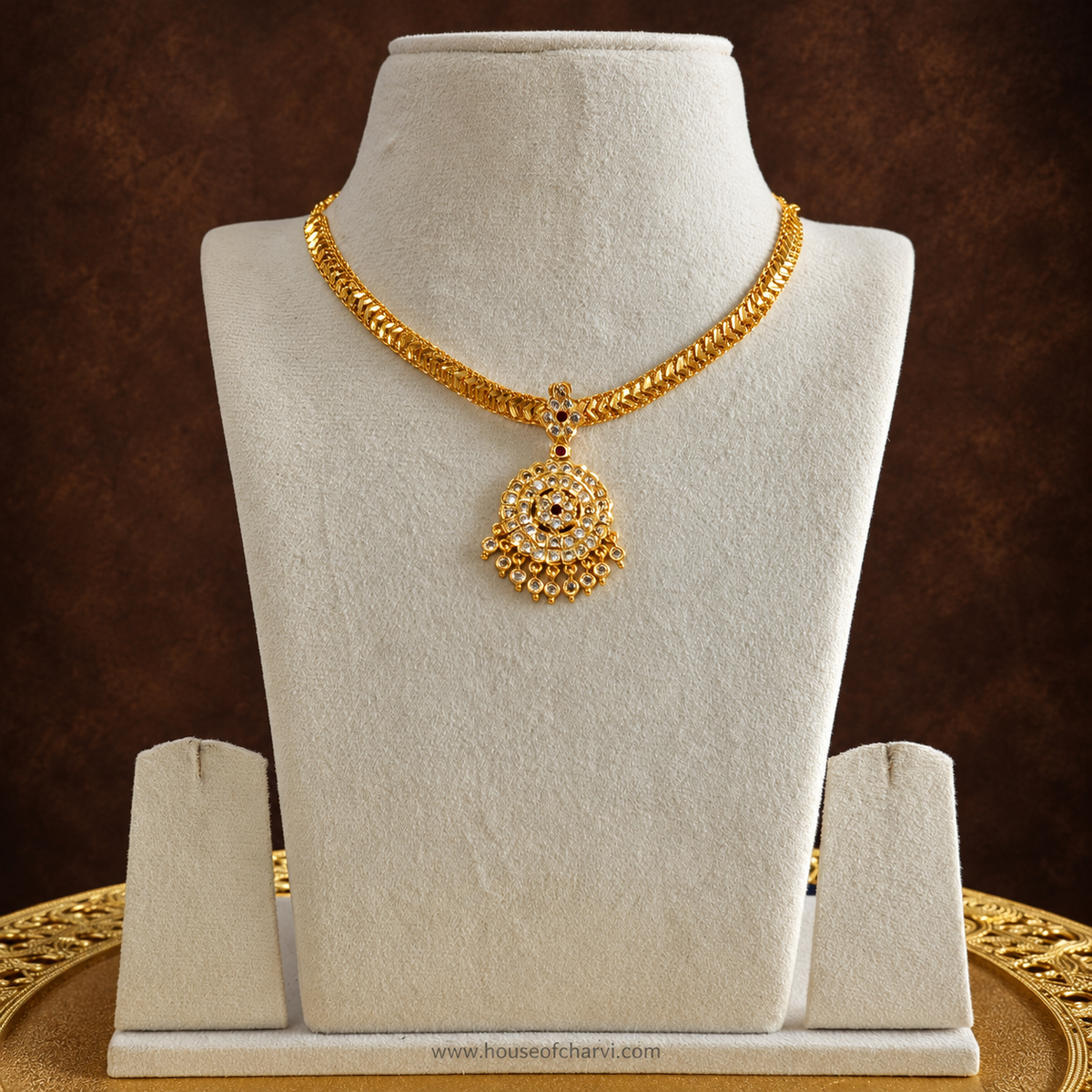 Antique Gold CZ Circular Pendant Necklace