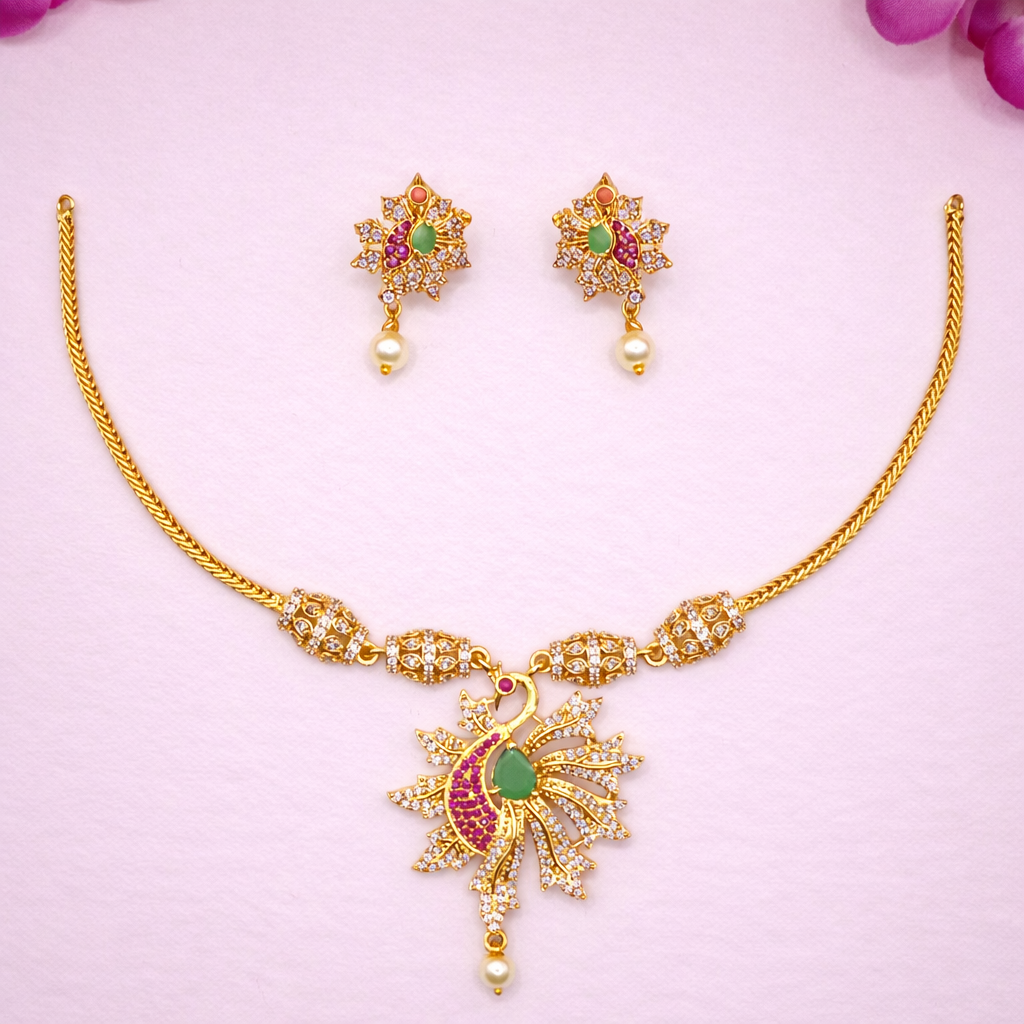 Peacock CZ Ruby Emerald Necklace Set