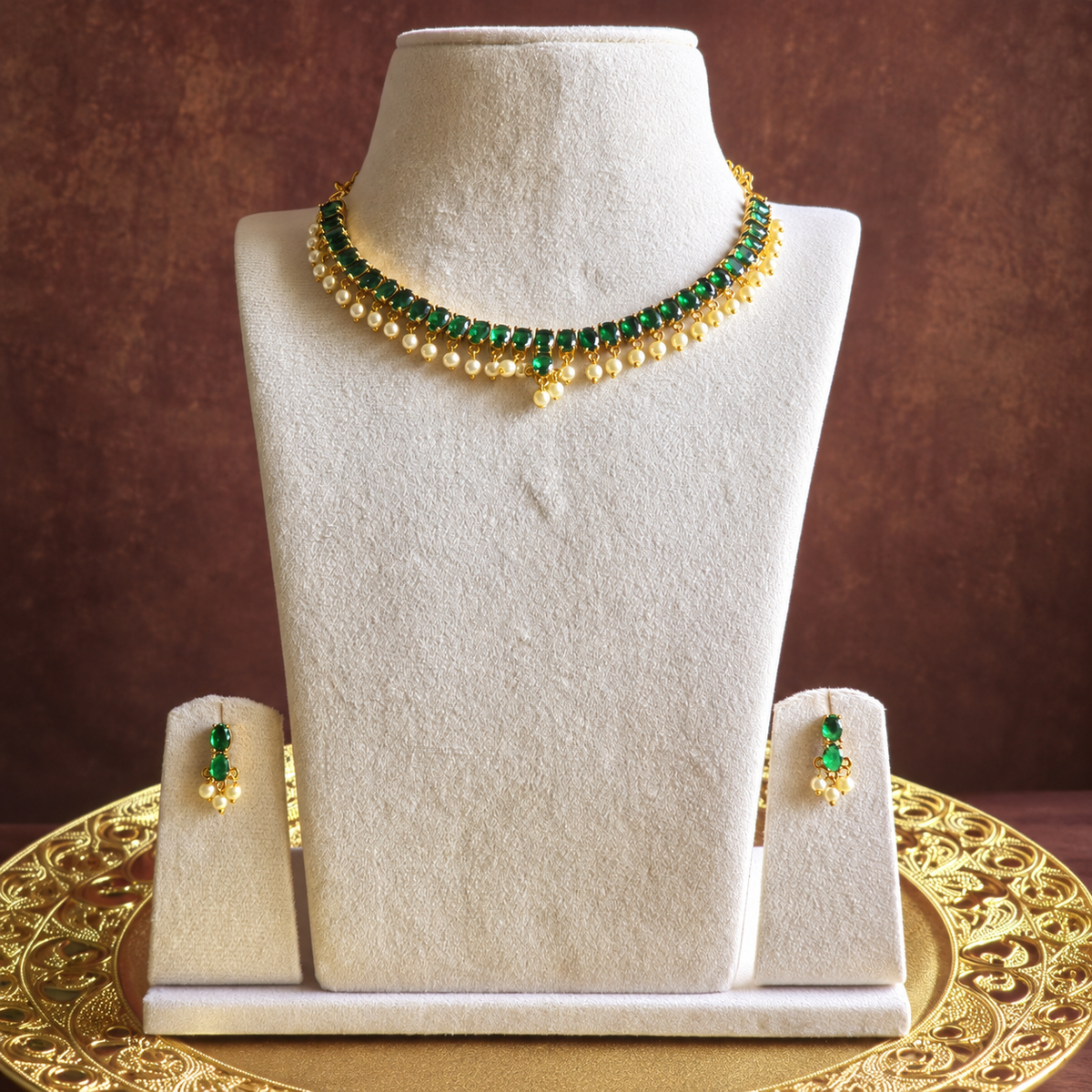 Green Stone Pearl Drop Necklace Set