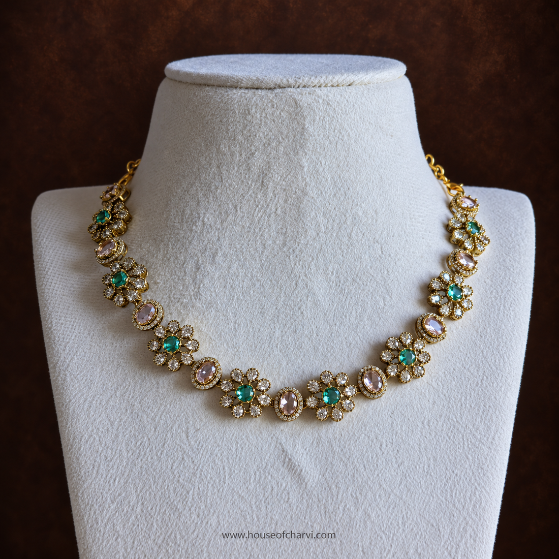 Green and Pink Stone Floral Necklace Set