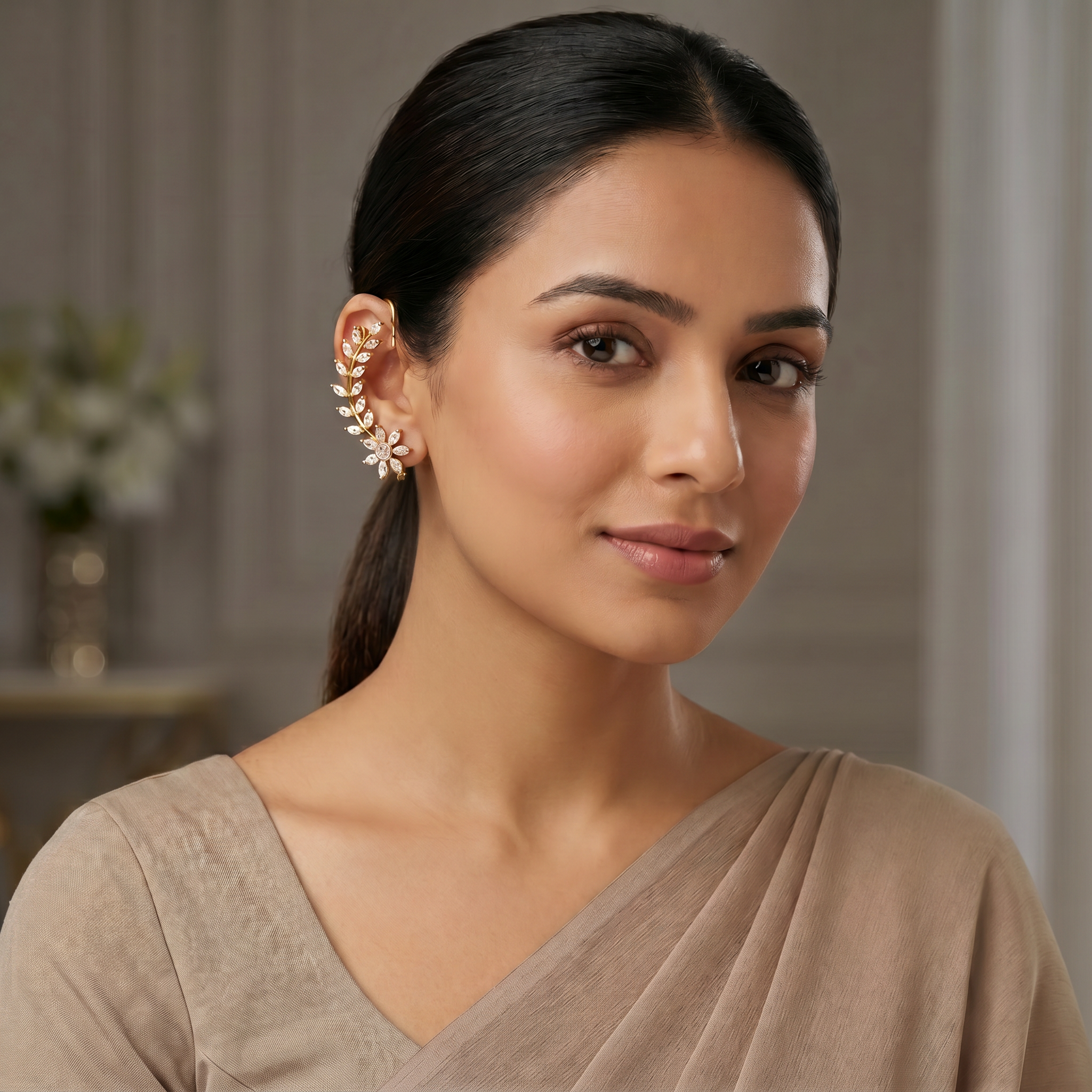 Floral CZ Ear Cuff Earrings
