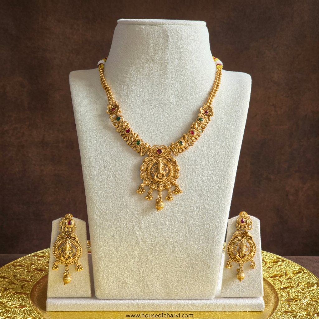 Gold Ganesha Temple Necklace Set