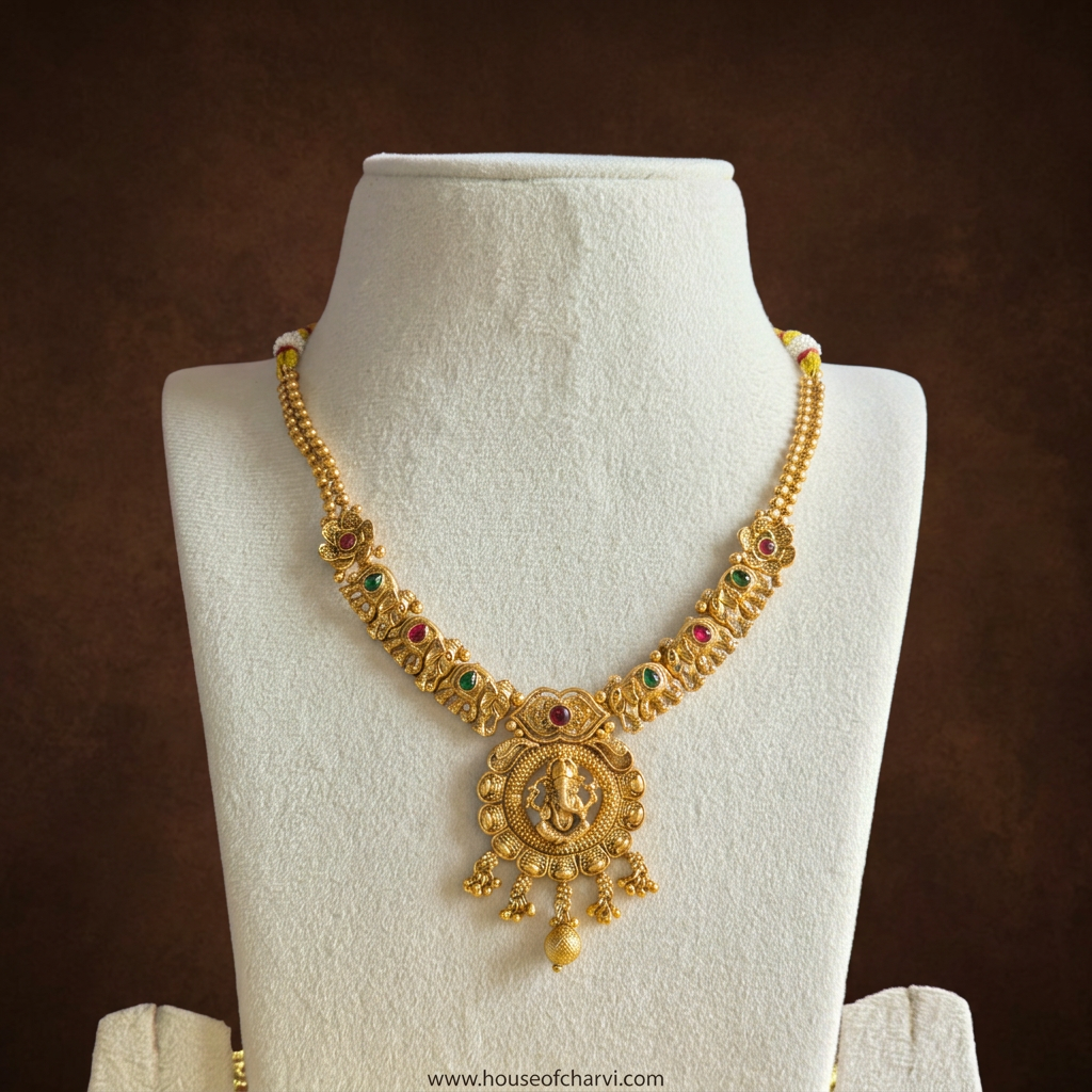 Gold Ganesha Temple Necklace Set