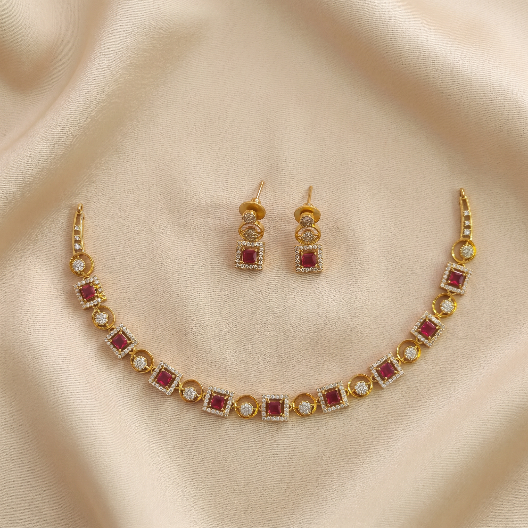 Ruby Geometric CZ Necklace Set