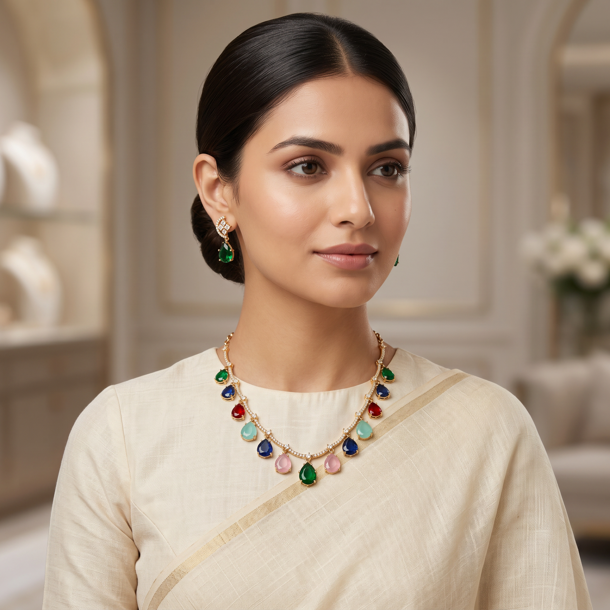 Rainbow Dewdrop CZ Necklace Set