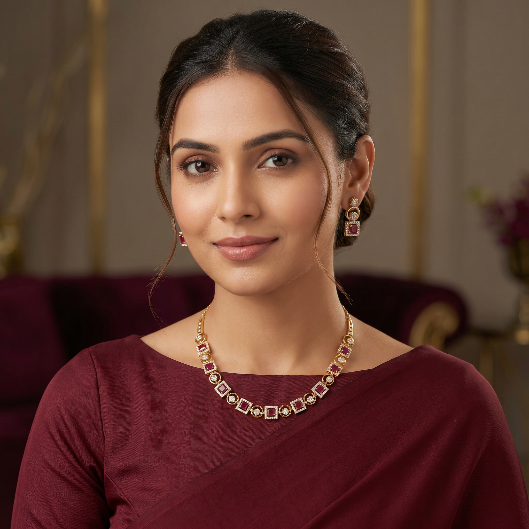 Ruby Geometric CZ Necklace Set