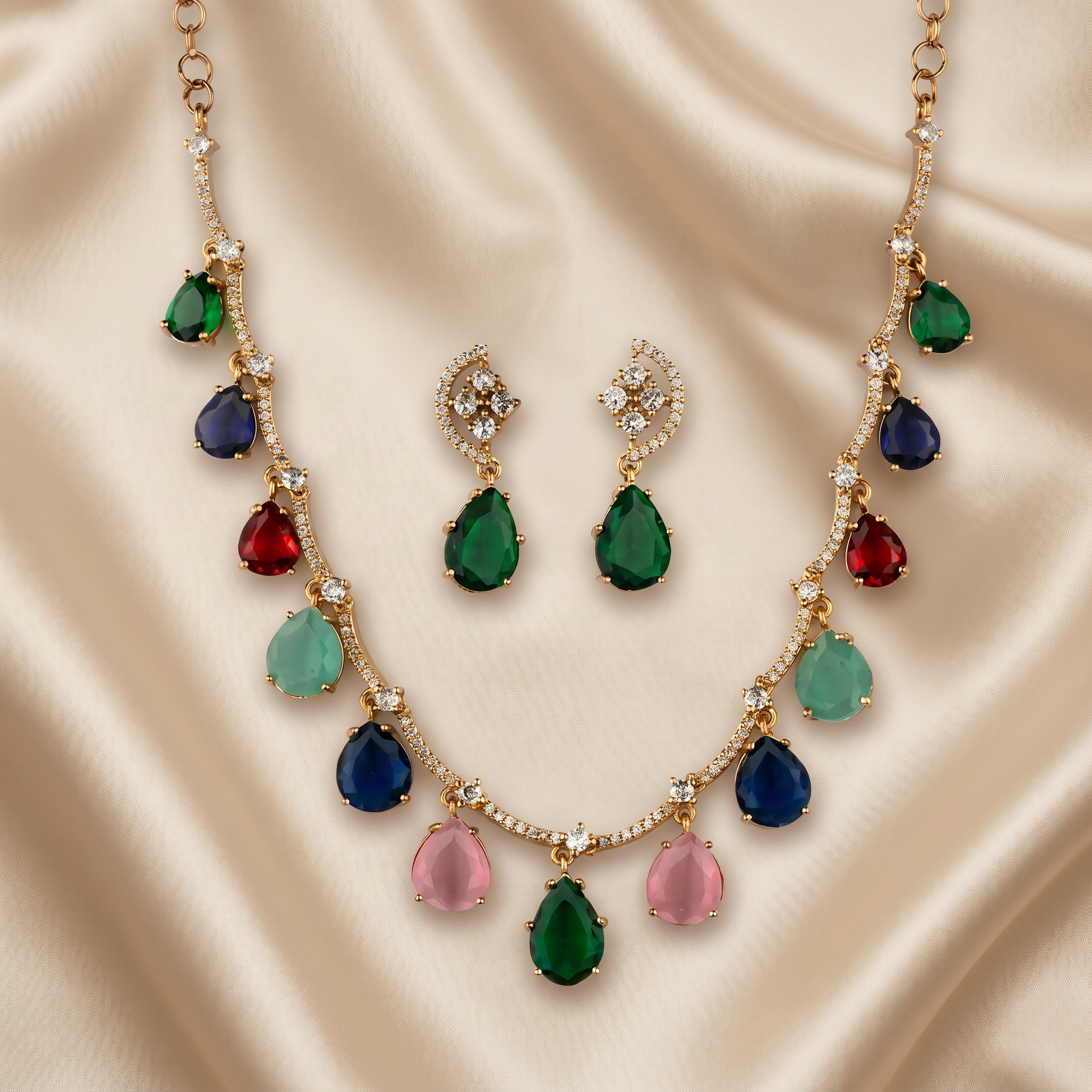 Rainbow Dewdrop CZ Necklace Set
