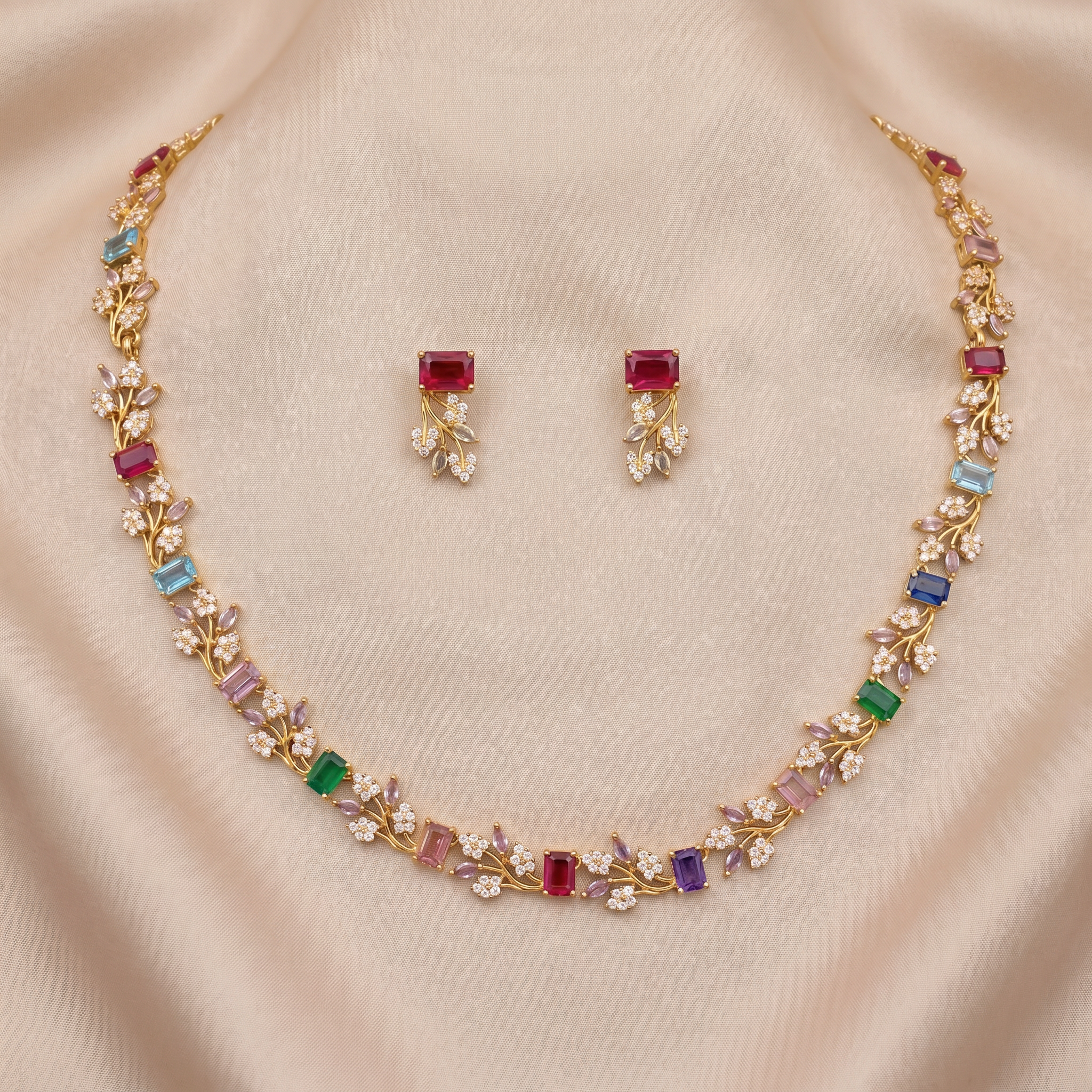 Rainbow Blossom CZ Necklace Set