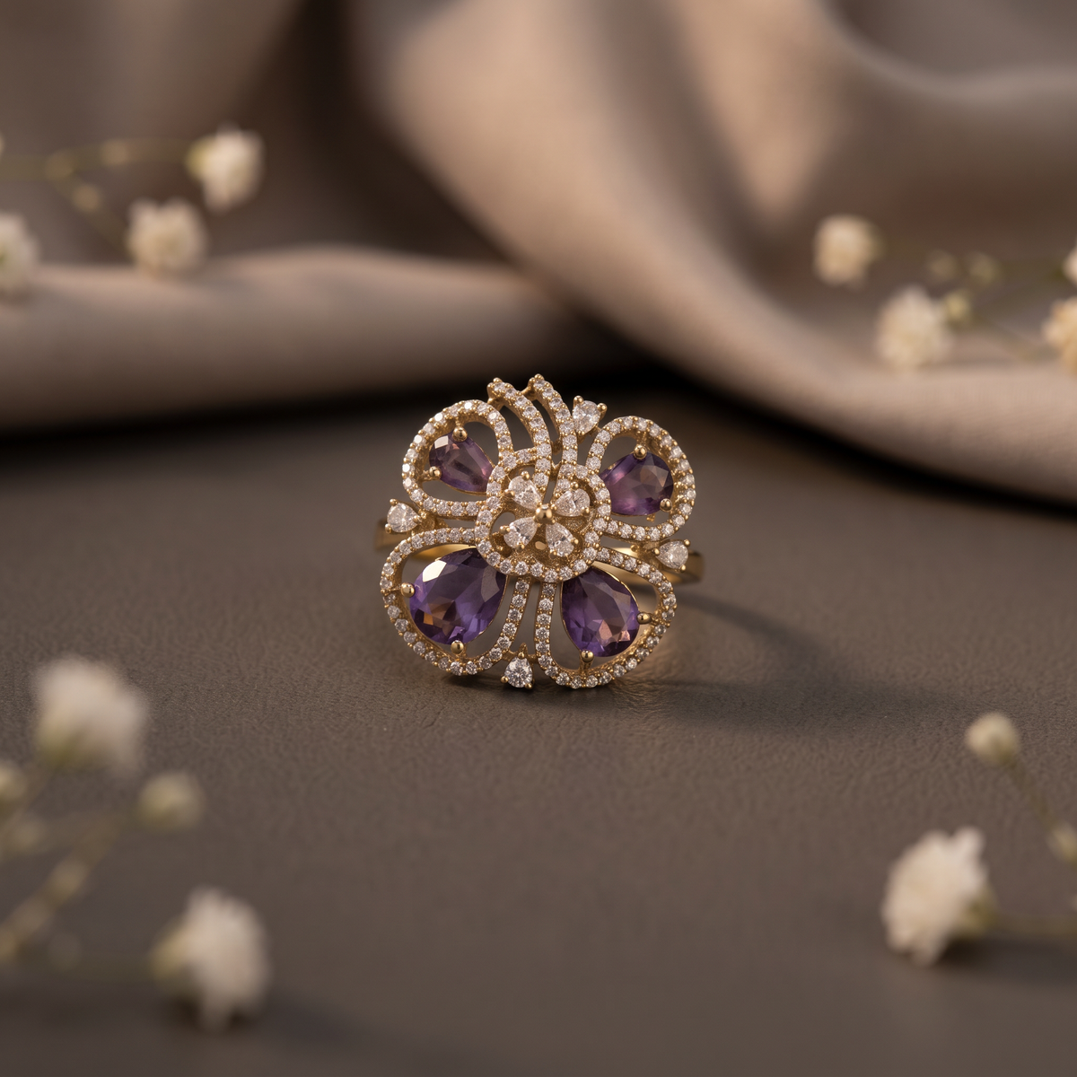 Amethyst Floral Statement Ring