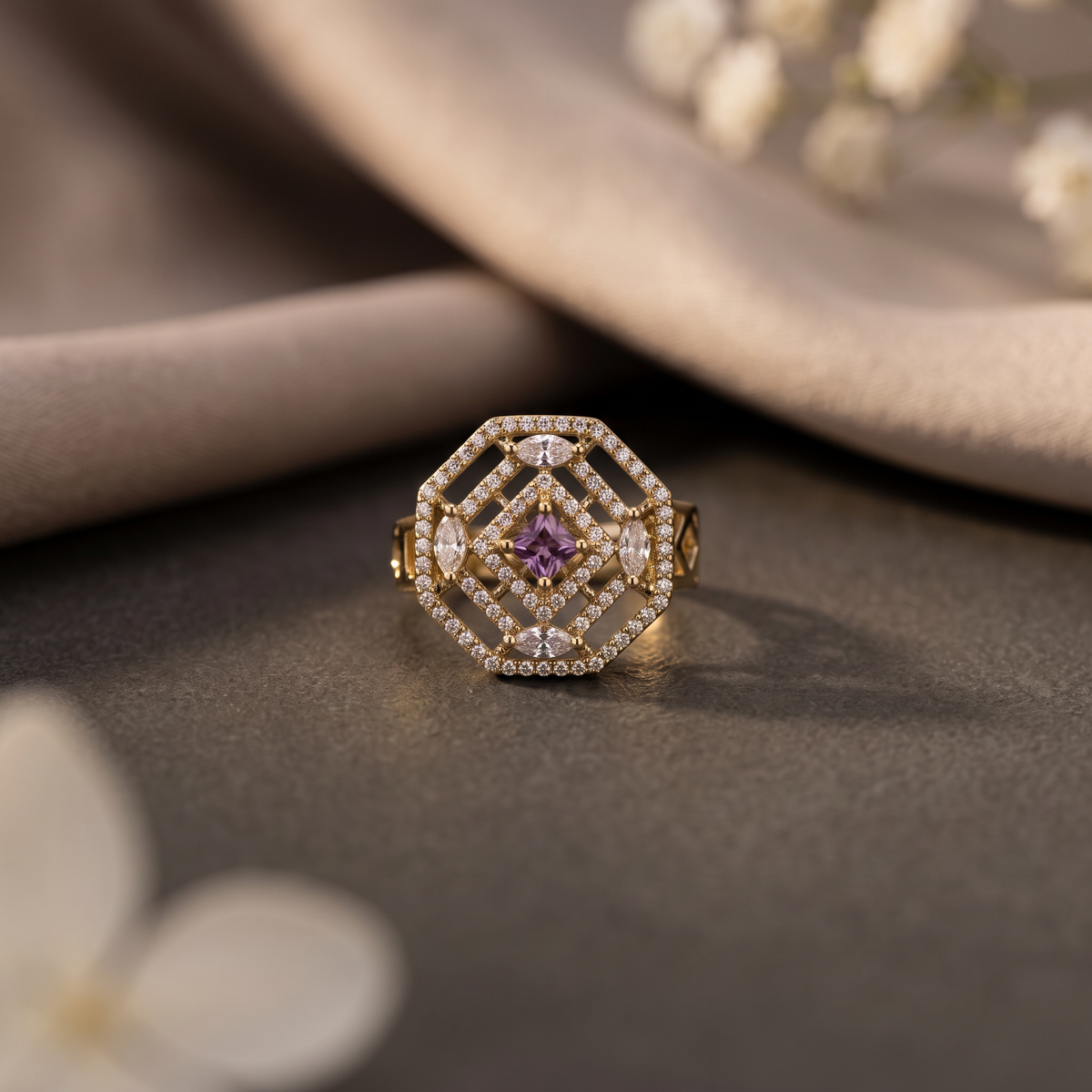 Amethyst Geometric Lattice Ring