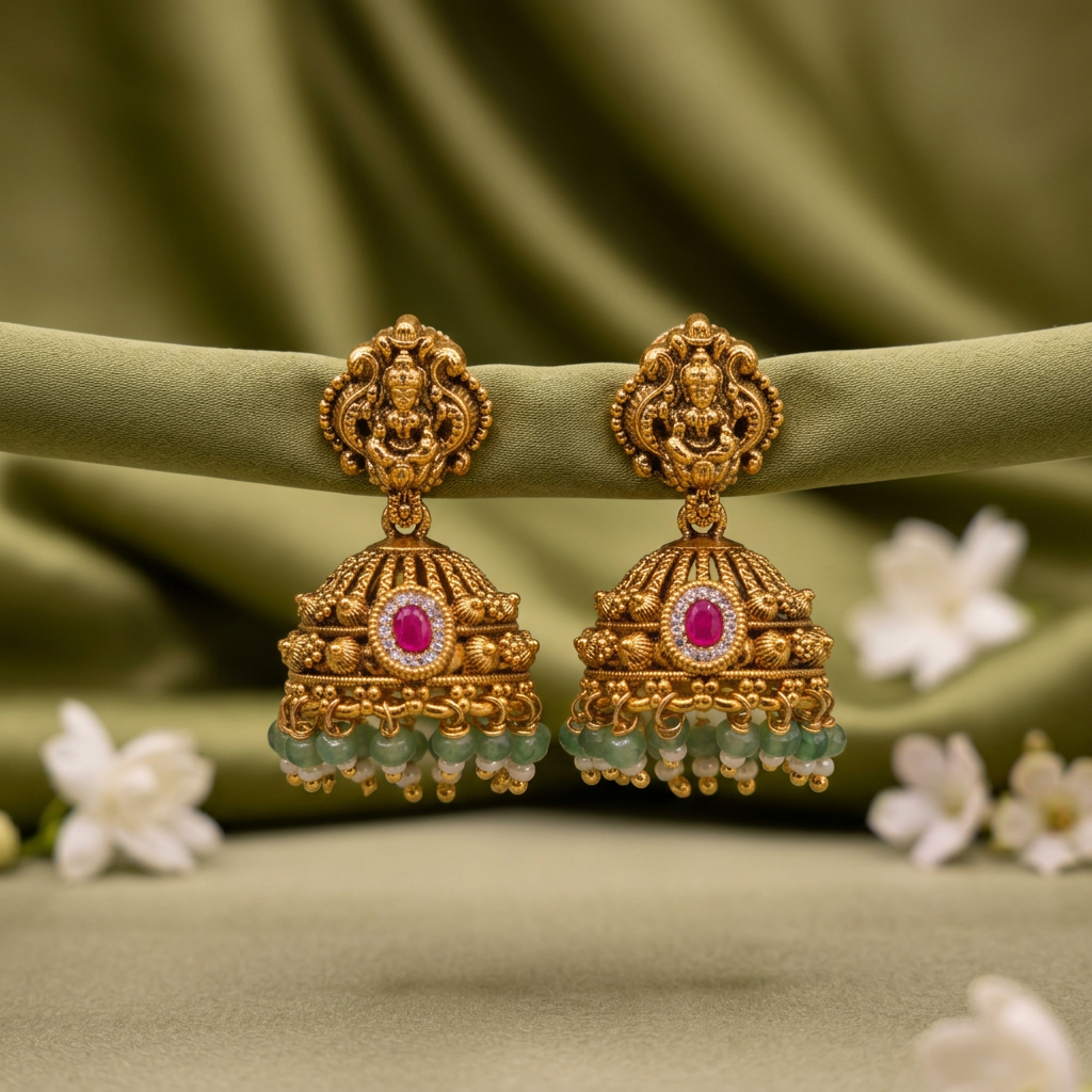 Jadau Lakshmi Ruby & Emerald Jhumkas