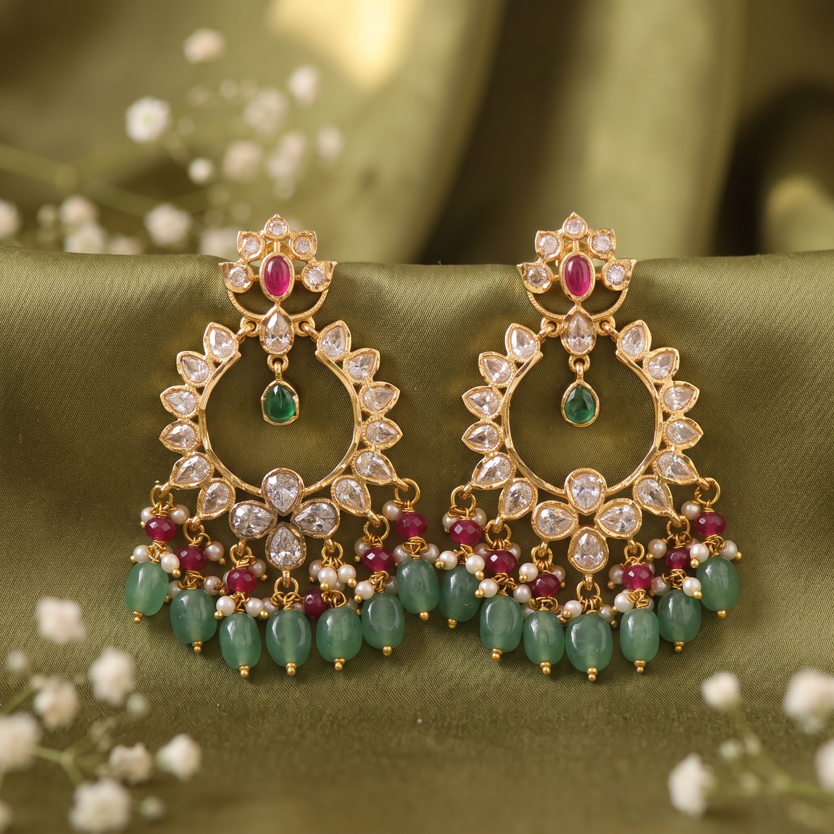 Emerald Ruby Floral Hoop Earrings