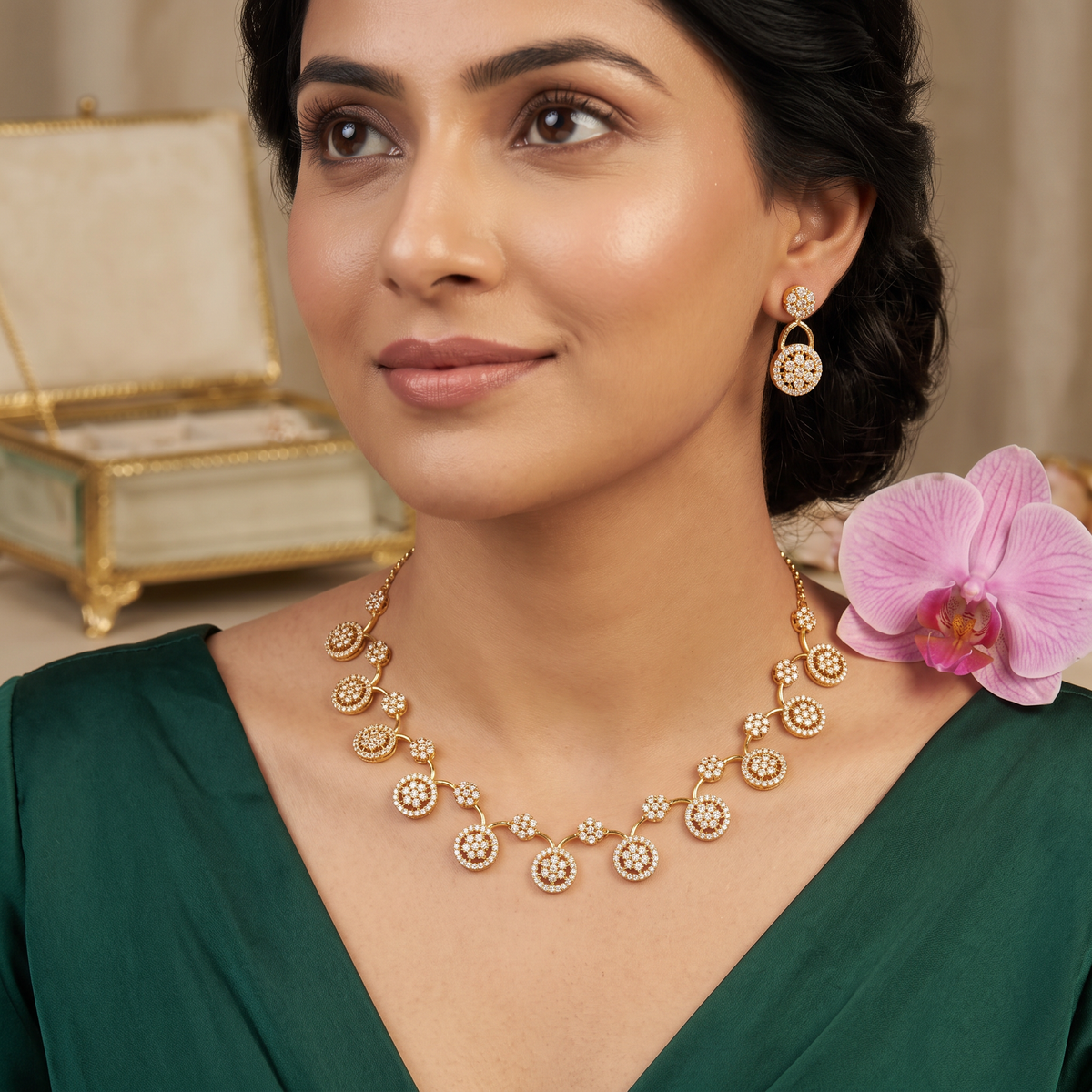 CZ Floral Disc Necklace Set