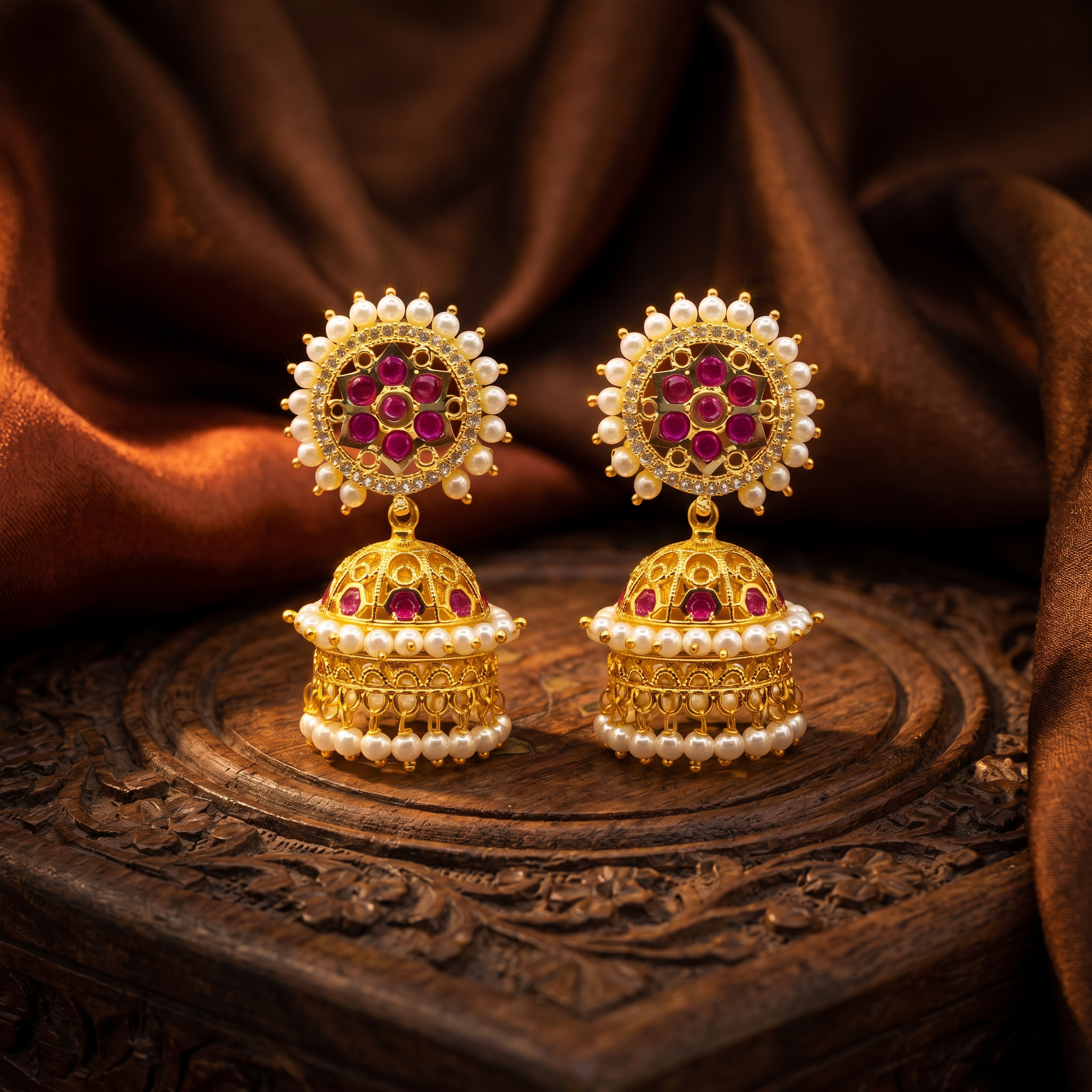 Pearl Ruby CZ Fringe Jhumka