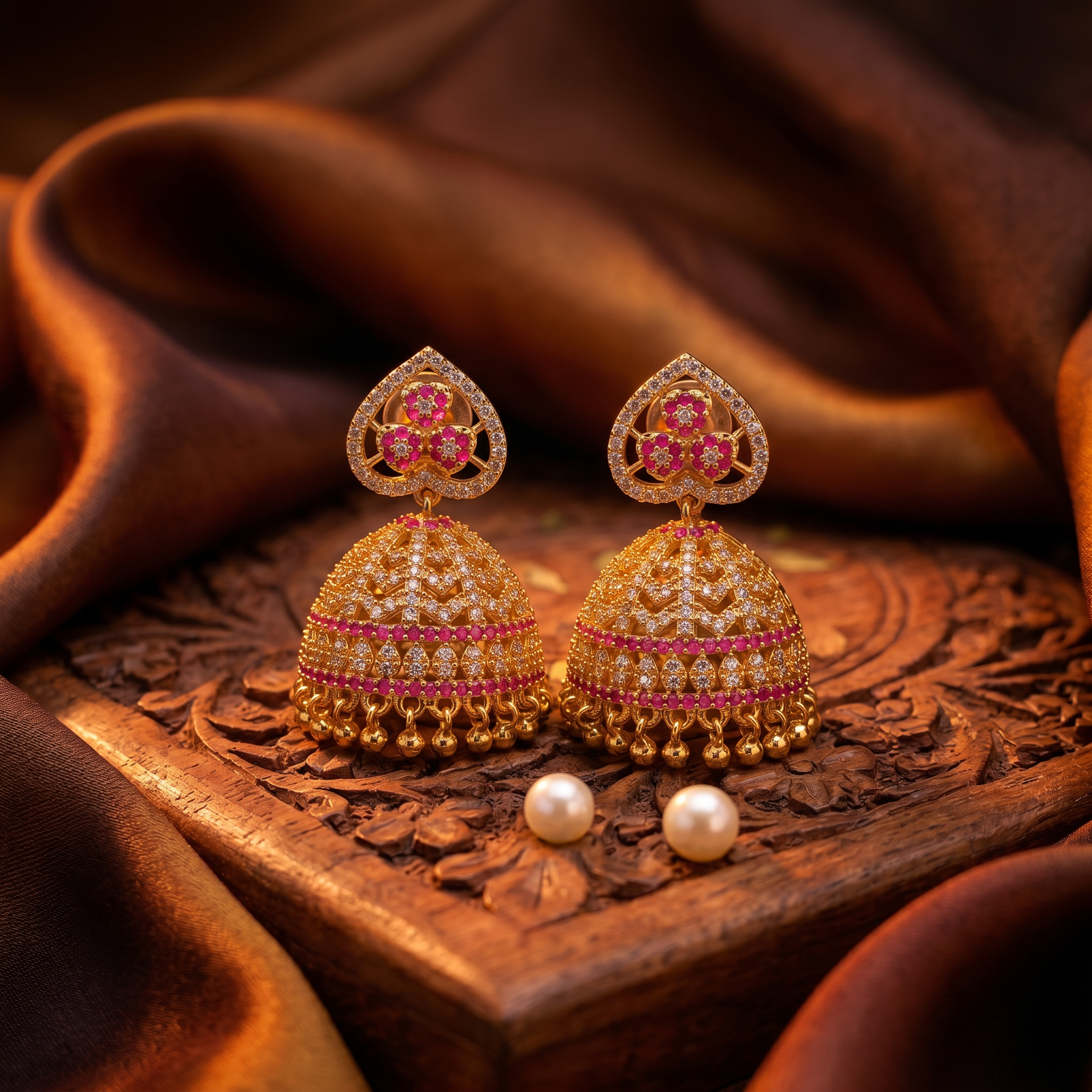 Ruby Heart Bloom CZ Jhumka Earrings