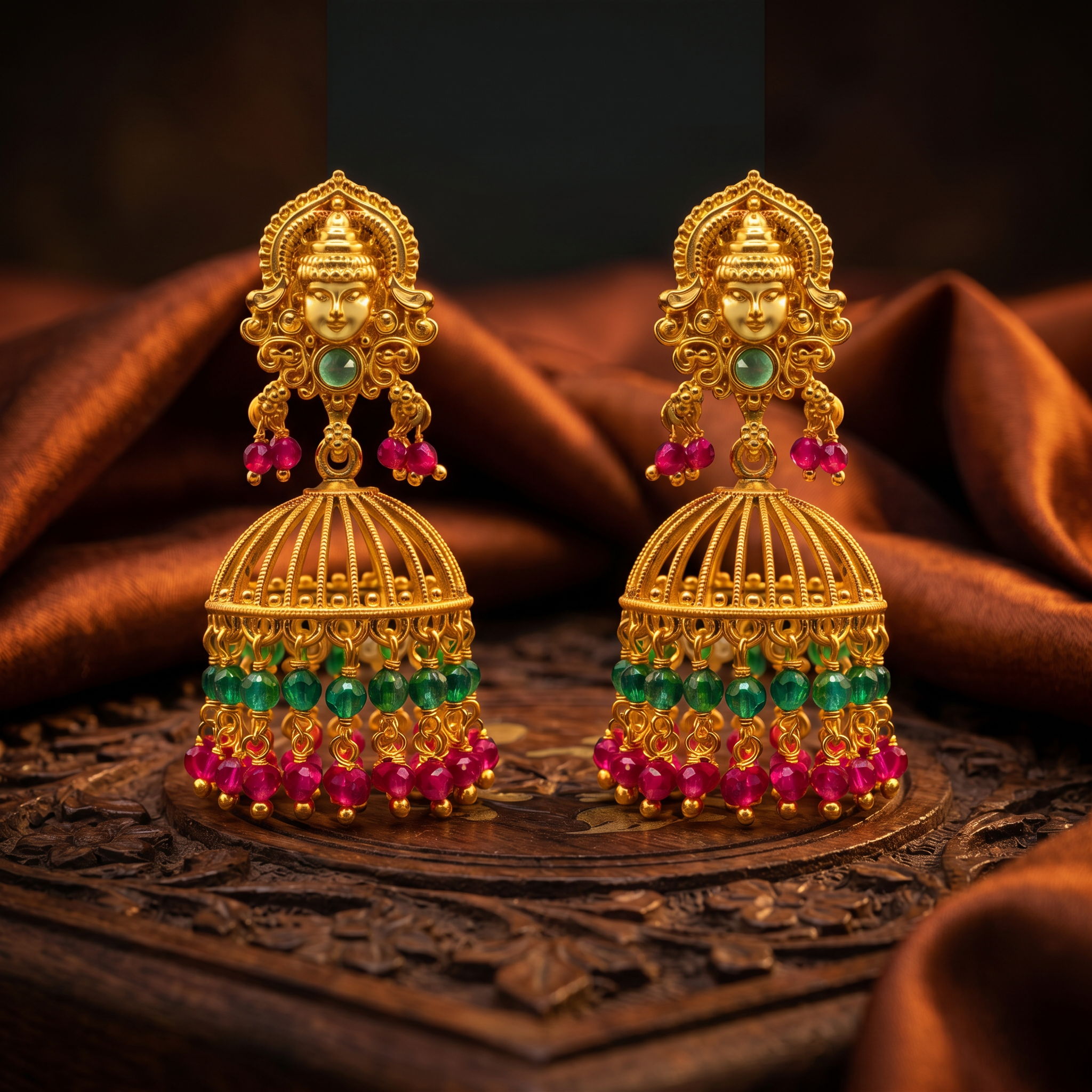 Nakshi Cage Ruby Emerald Jhumka