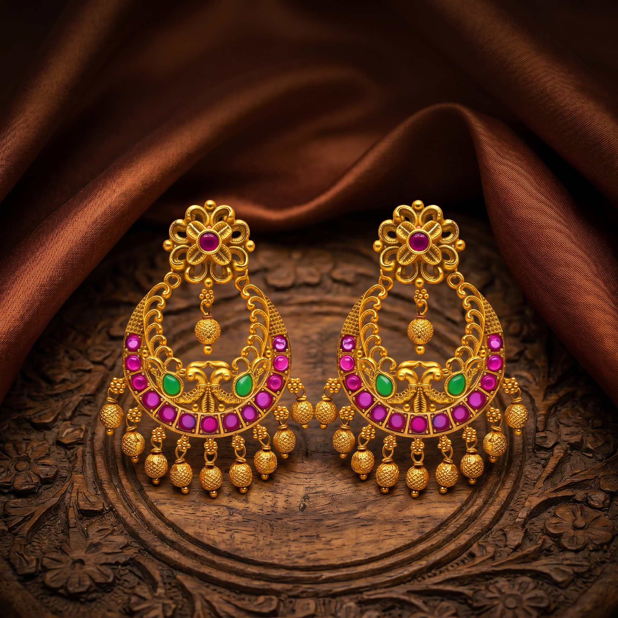 Floral Ruby Emerald Gold Drop Chandbali