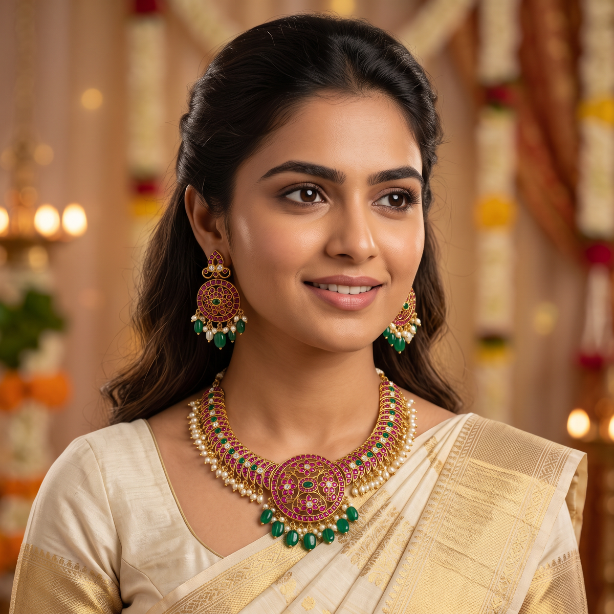 Ruby Kempu Rice Pearl Drop Choker Set
