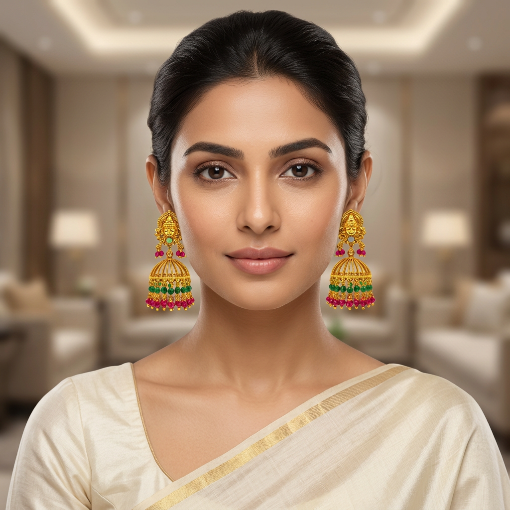 Nakshi Cage Ruby Emerald Jhumka