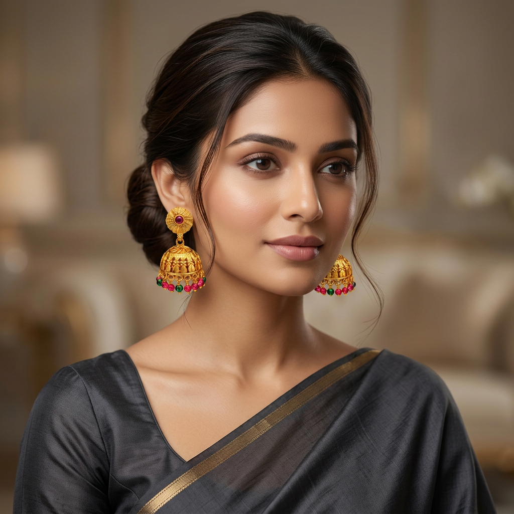 Ruby Emerald Bead Jhumka Earrings ( Small )
