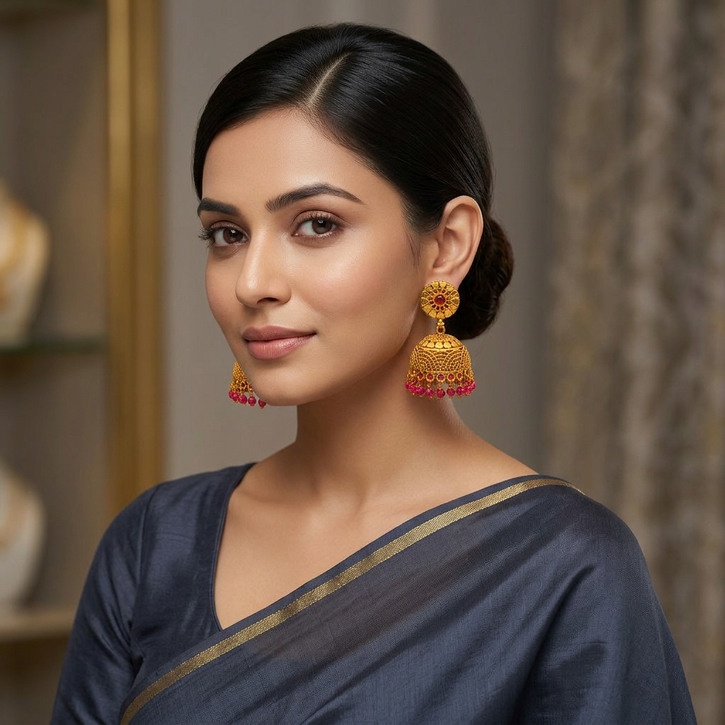 Antique Ruby Heart Jhumka Earrings (Medium)