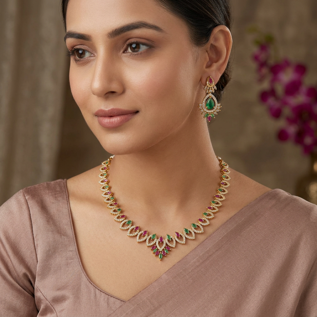 Emerald Ruby Navette Necklace Set