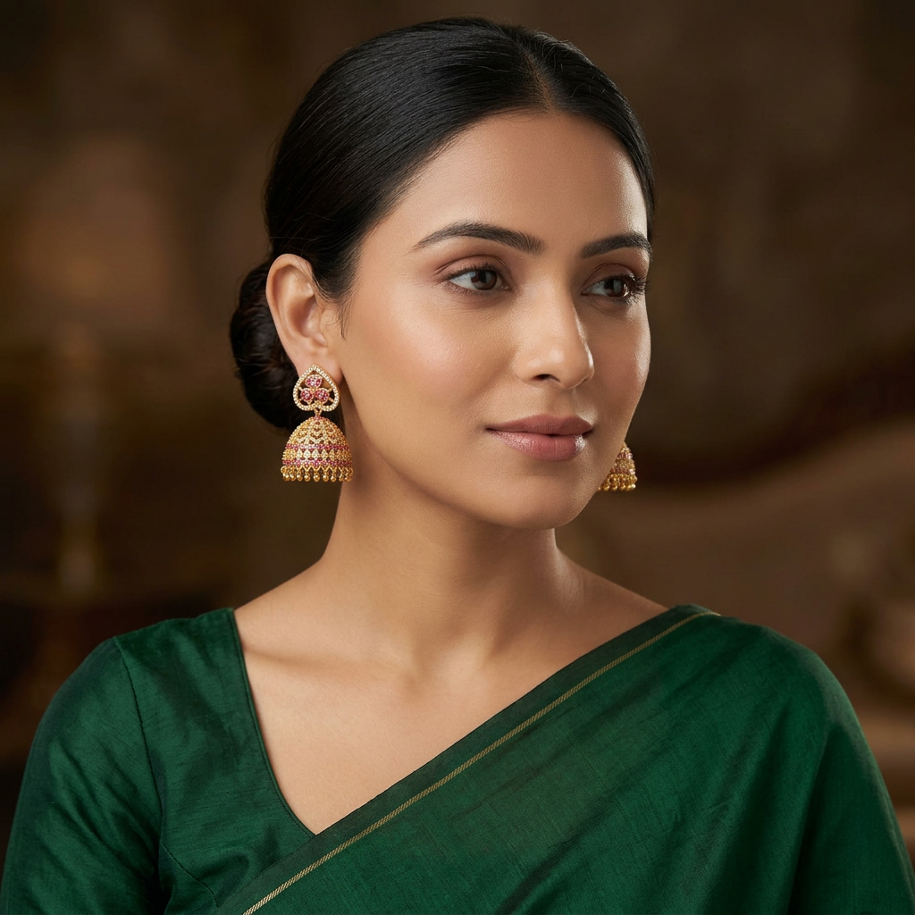 Ruby Heart Bloom CZ Jhumka Earrings