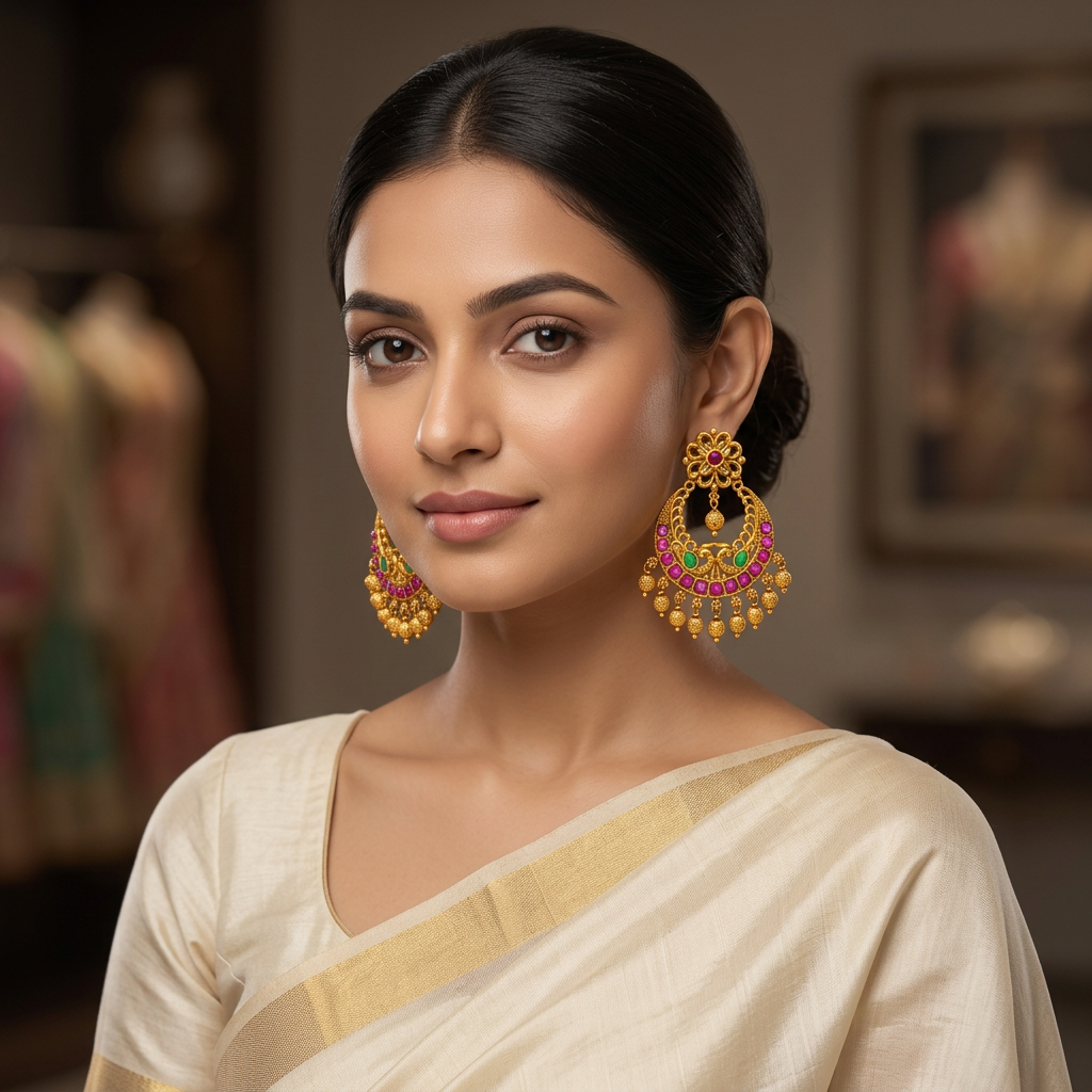 Floral Ruby Emerald Gold Drop Chandbali