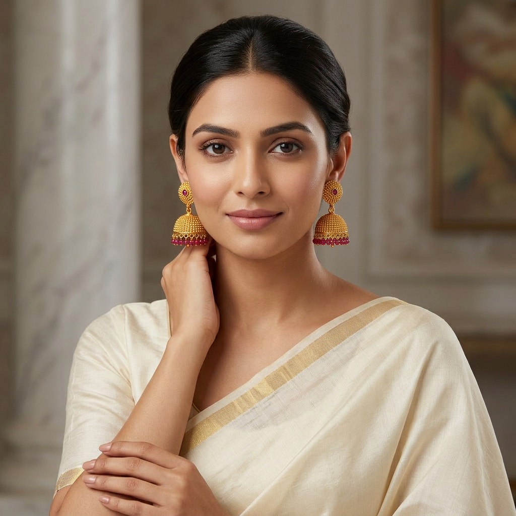 Antique Ruby Bead Jhumka Earrings ( Medium )