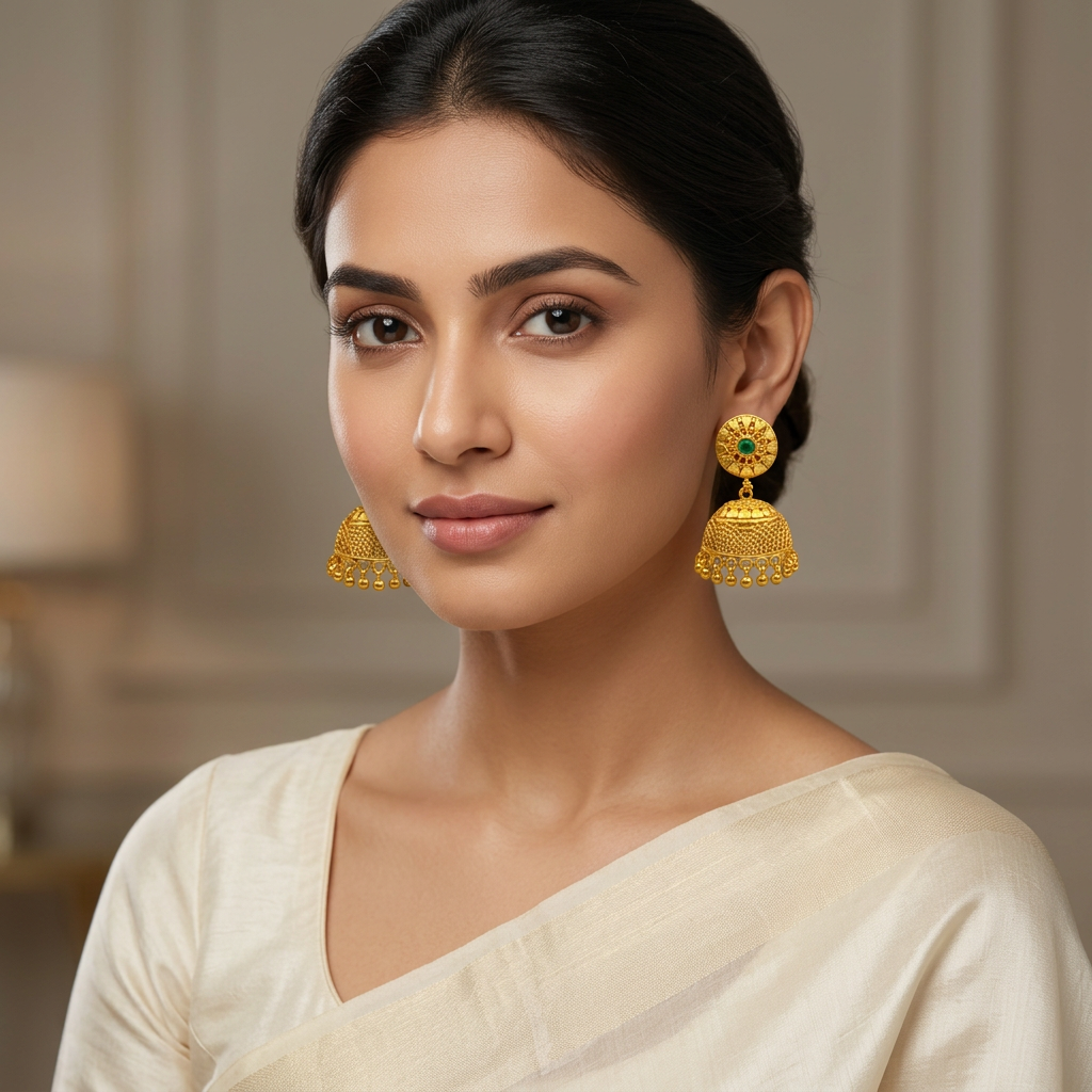 Emerald Heart Jhumka Earrings ( Medium )