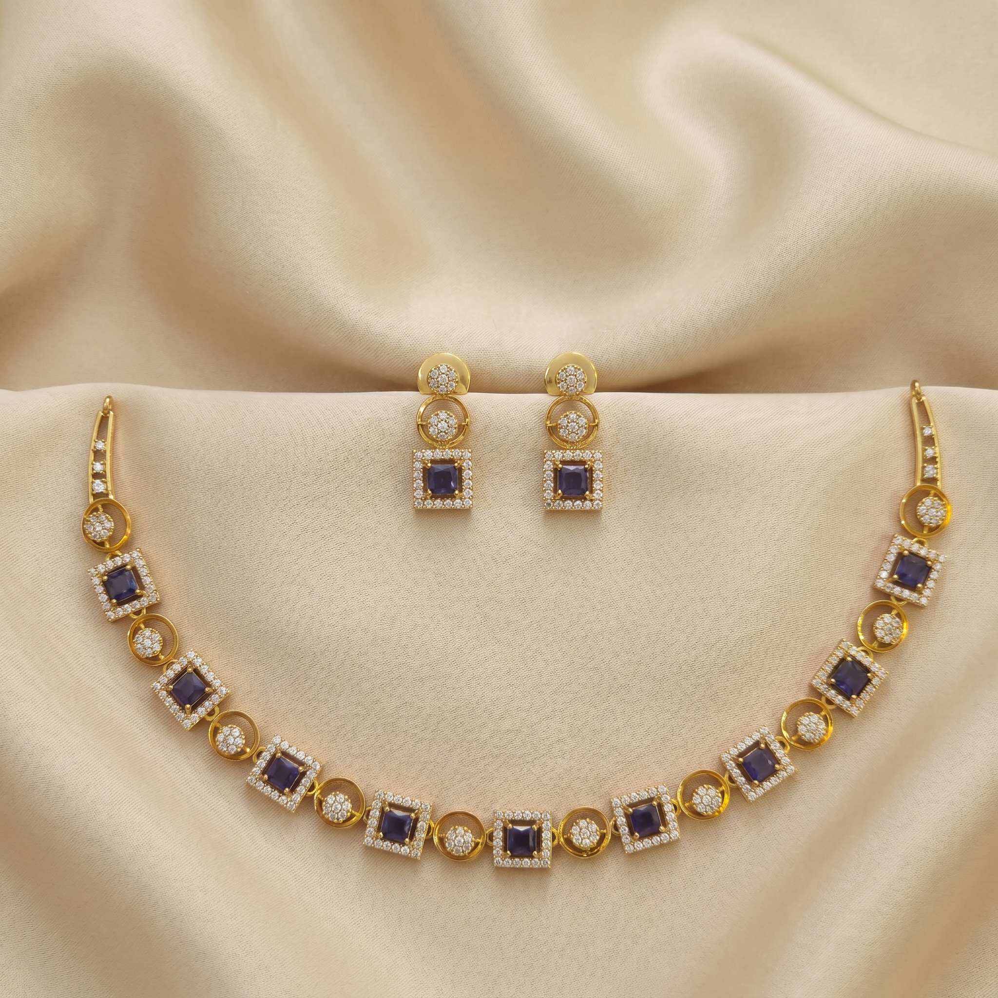 Sapphire Geometric CZ Necklace Set