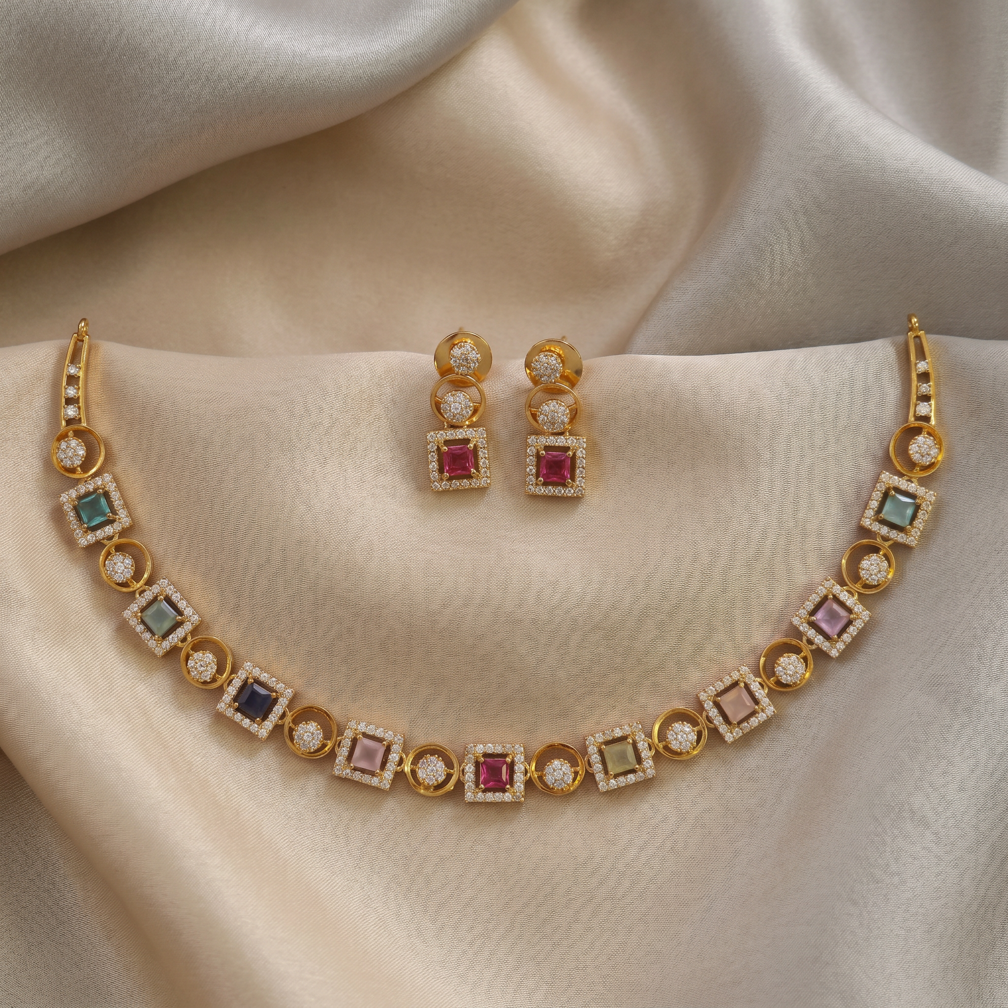 Pastel Prism Geometric CZ Necklace Set