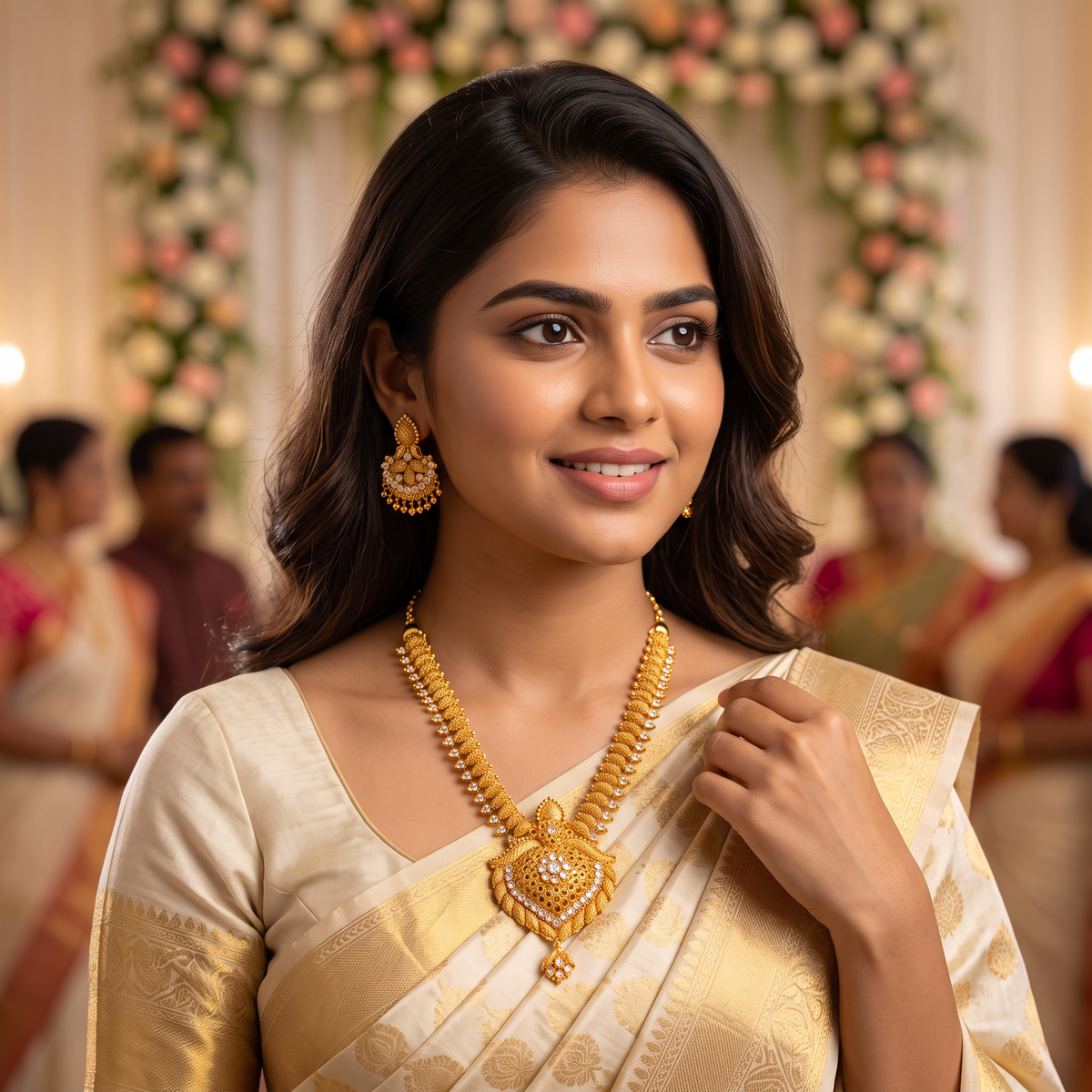 Gold Filigree CZ Long Necklace & Earring Set