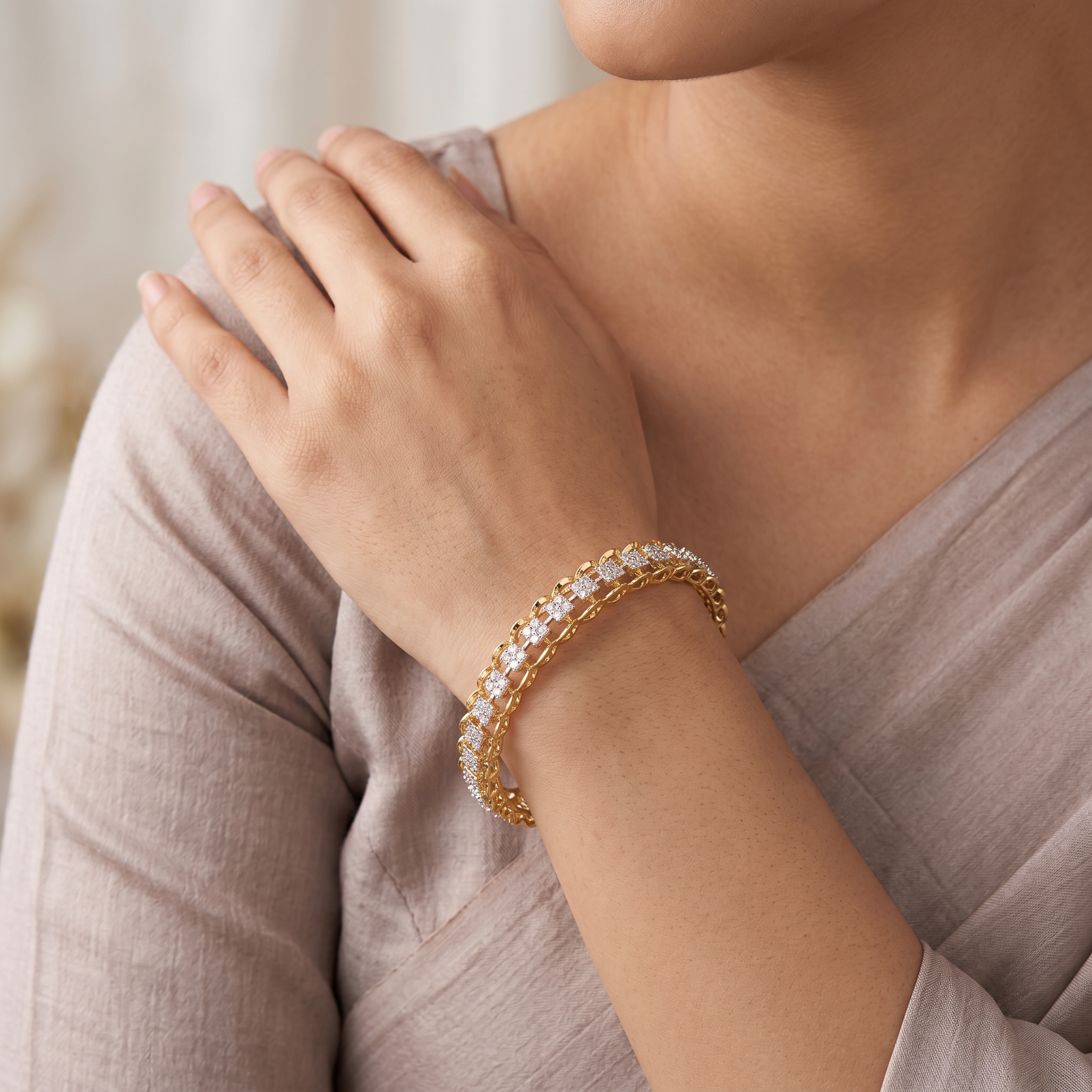 CZ Square Cluster Chain Bangle Set