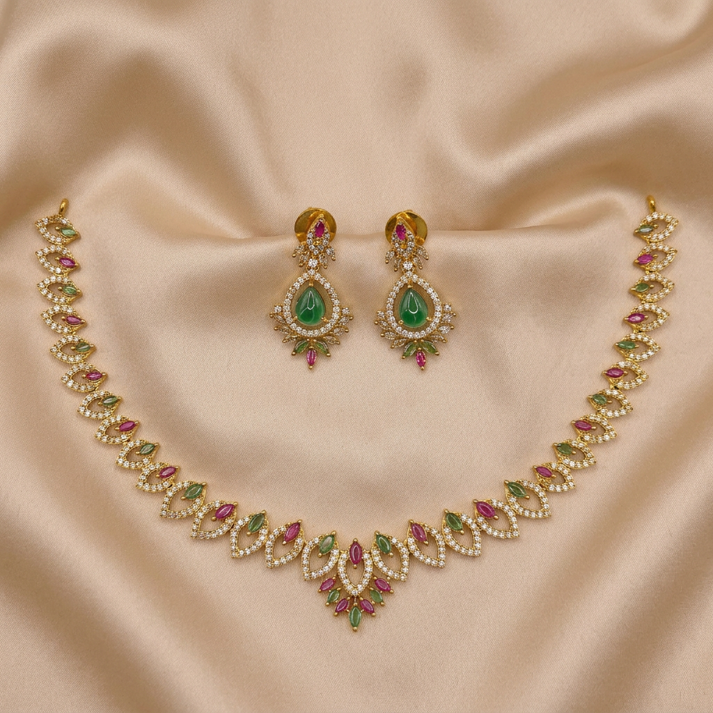 Emerald Ruby Navette Necklace Set