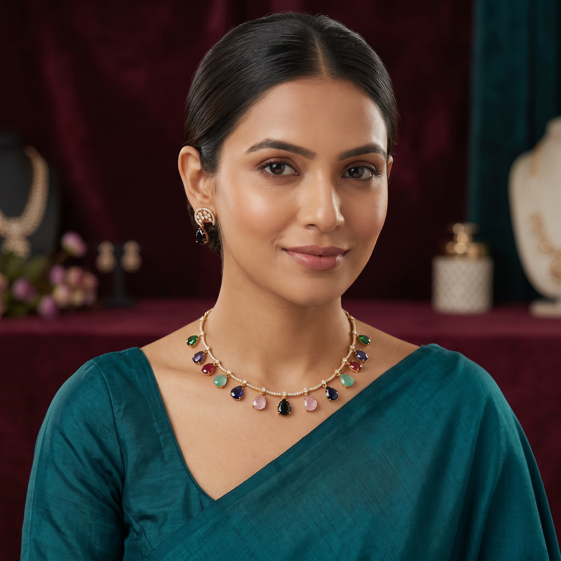 Rainbow Dewdrop CZ Necklace Set