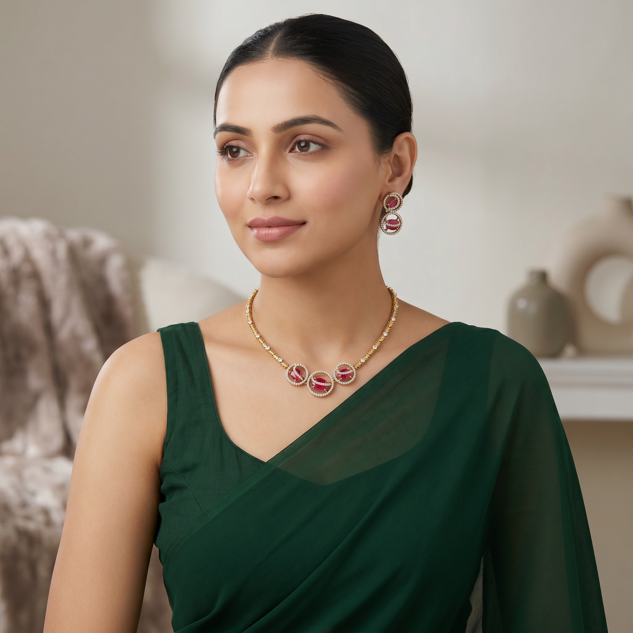 Ruby Pink Crystal Designer Necklace Set