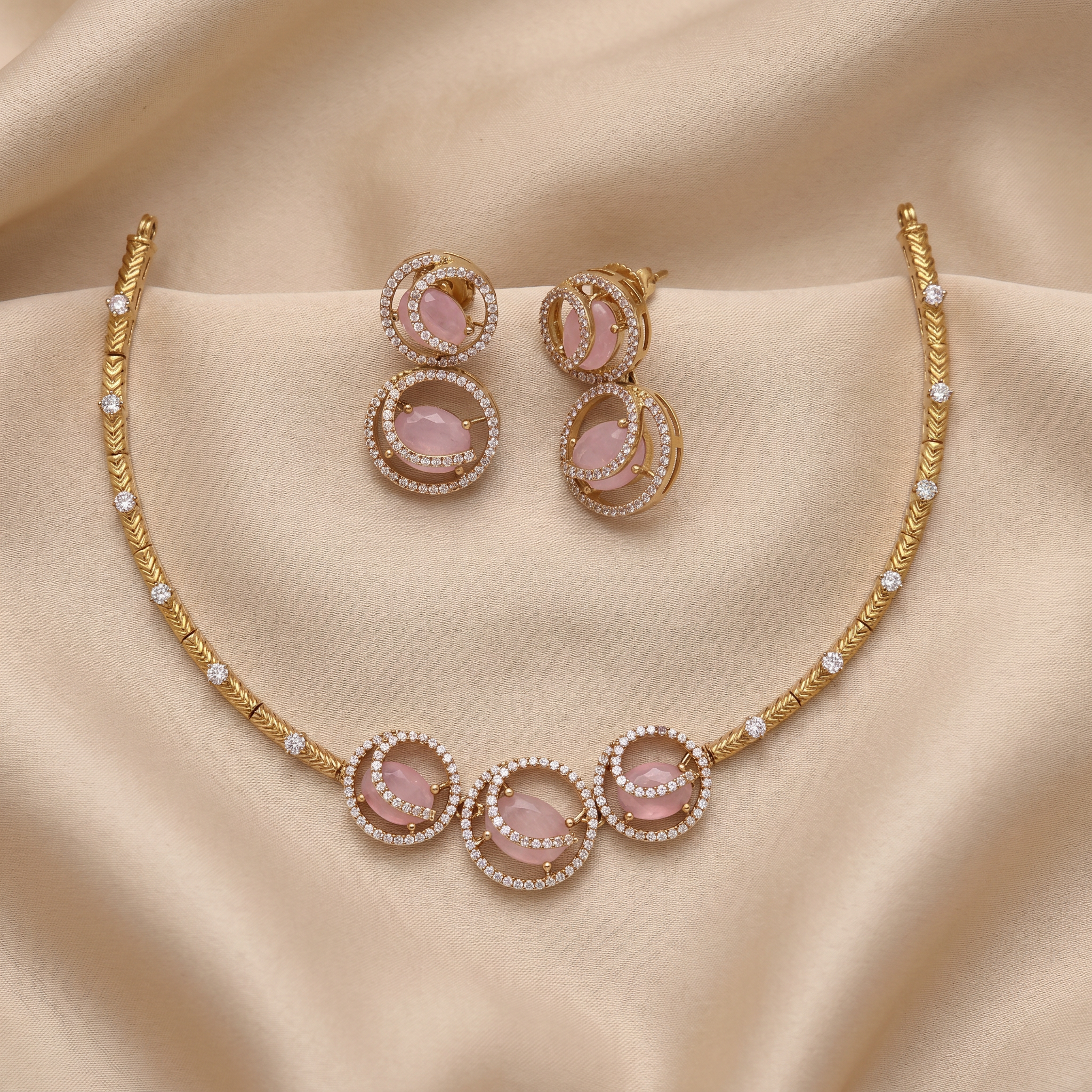 Elegant Pink Crystal Victorian Designer Necklace Set