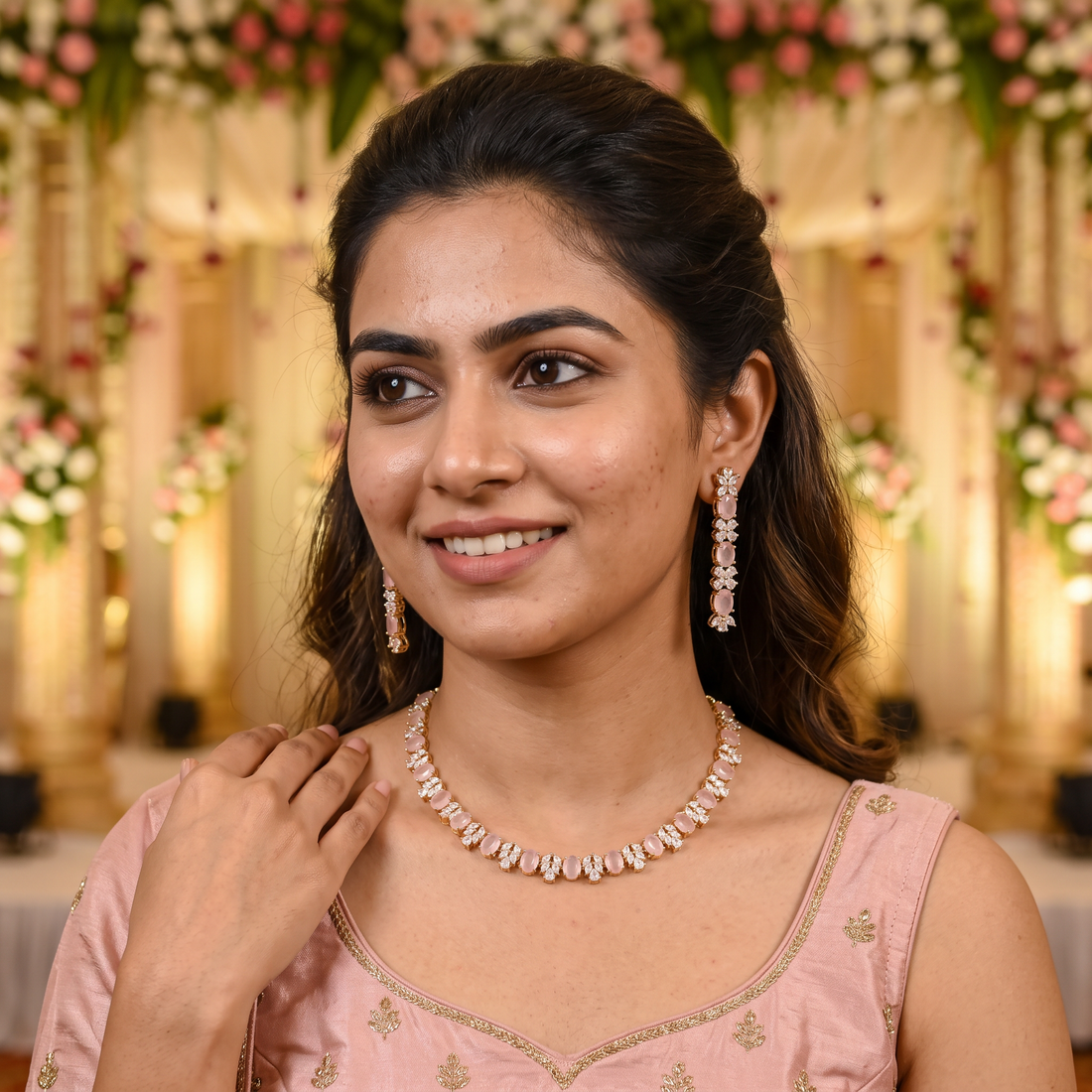 Pink Stone CZ Necklace Set
