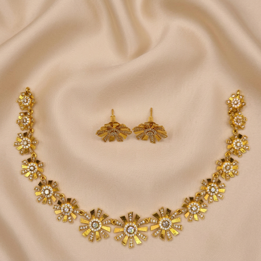 CZ Sunburst Starburst Necklace Set