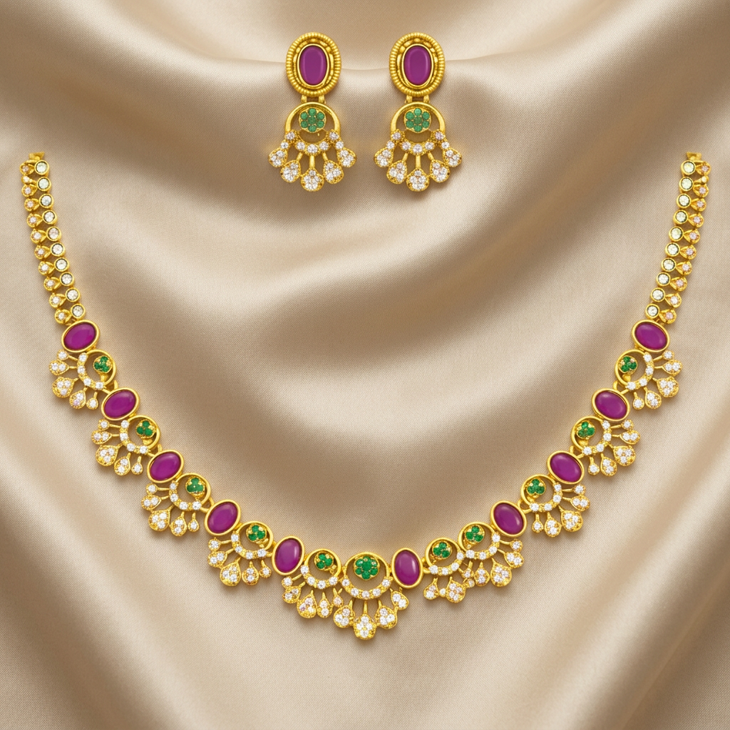 Ruby Emerald CZ Fan Necklace Set