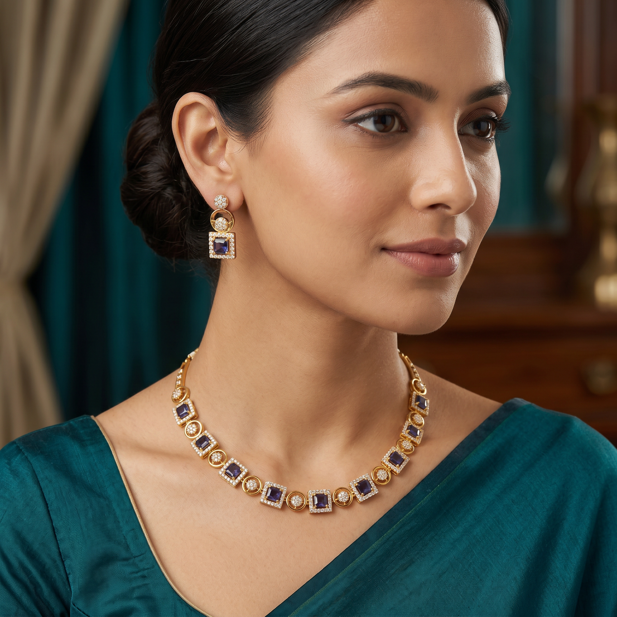 Sapphire Geometric CZ Necklace Set