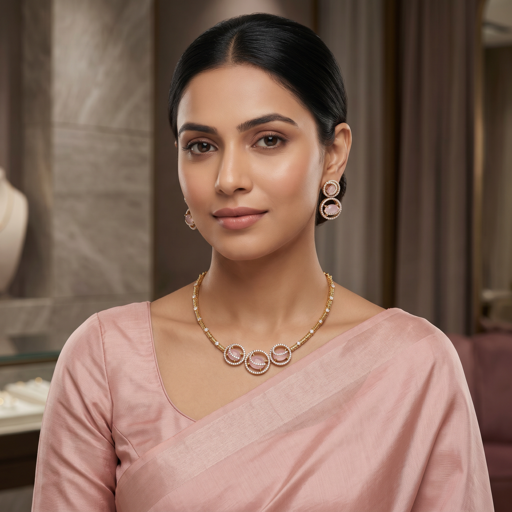 Elegant Pink Crystal Victorian Designer Necklace Set