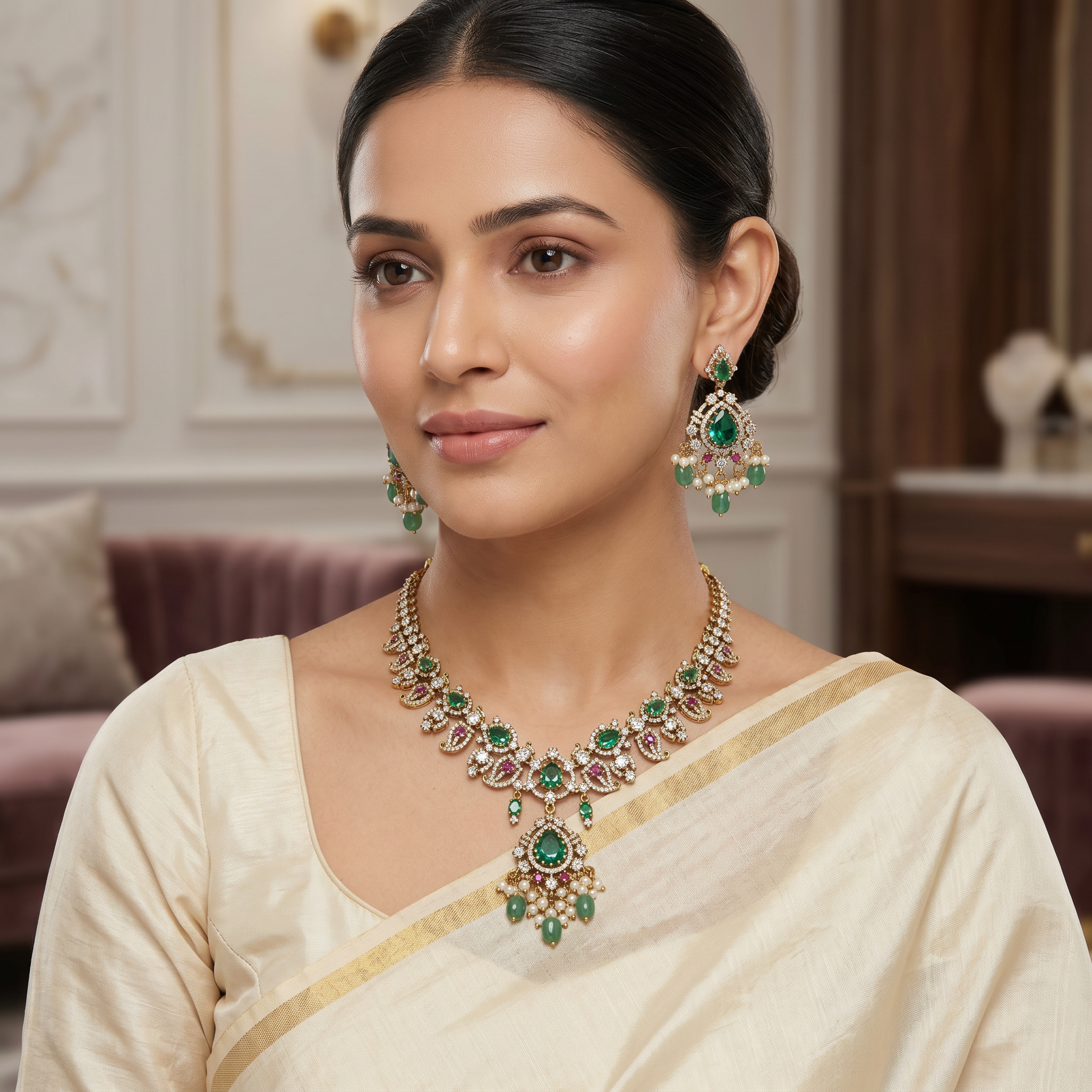 Emerald Pearl CZ Necklace Set