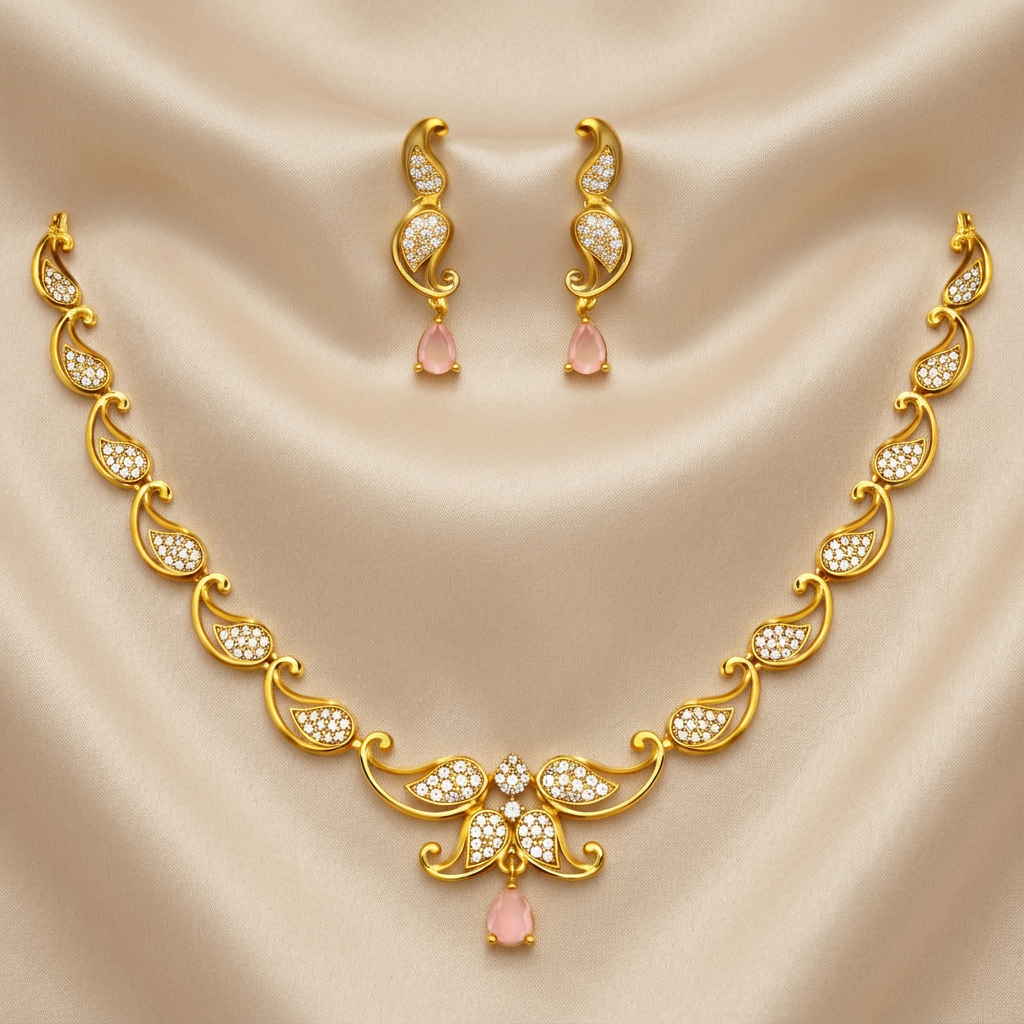CZ Paisley Pink Stone Necklace Set